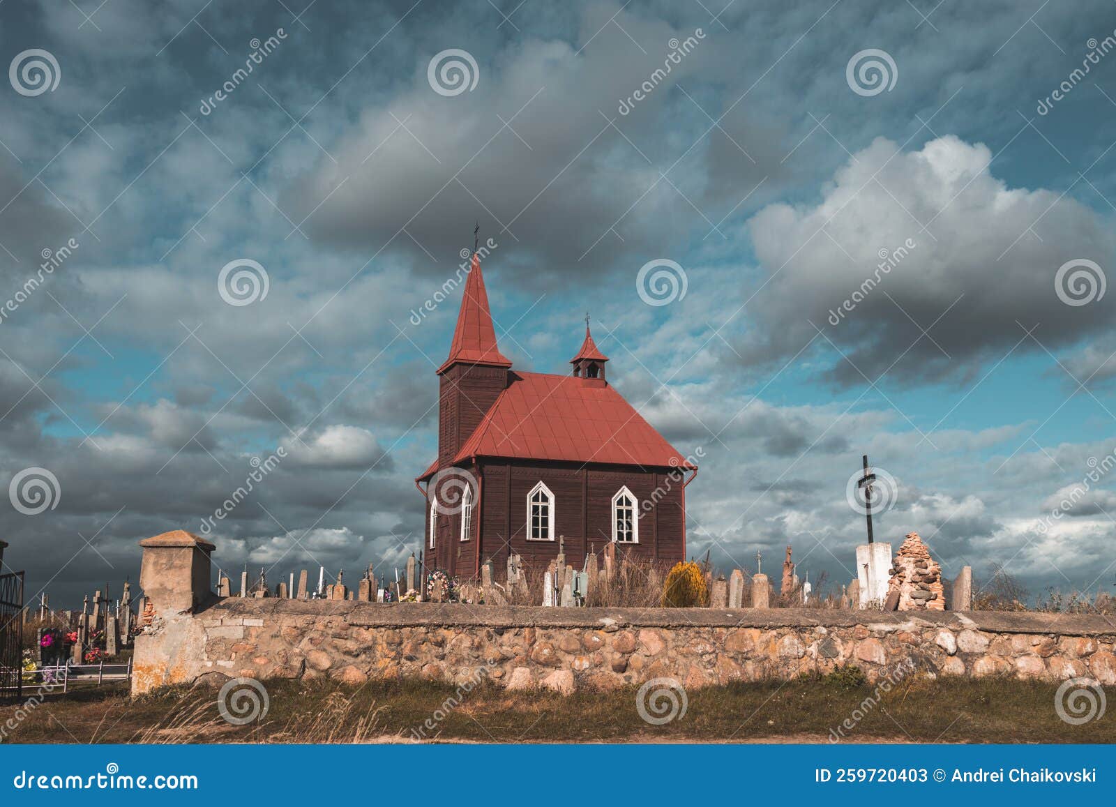 The Old Chapel in the Cemetery, Fenced with a Stone Fence Stock Image