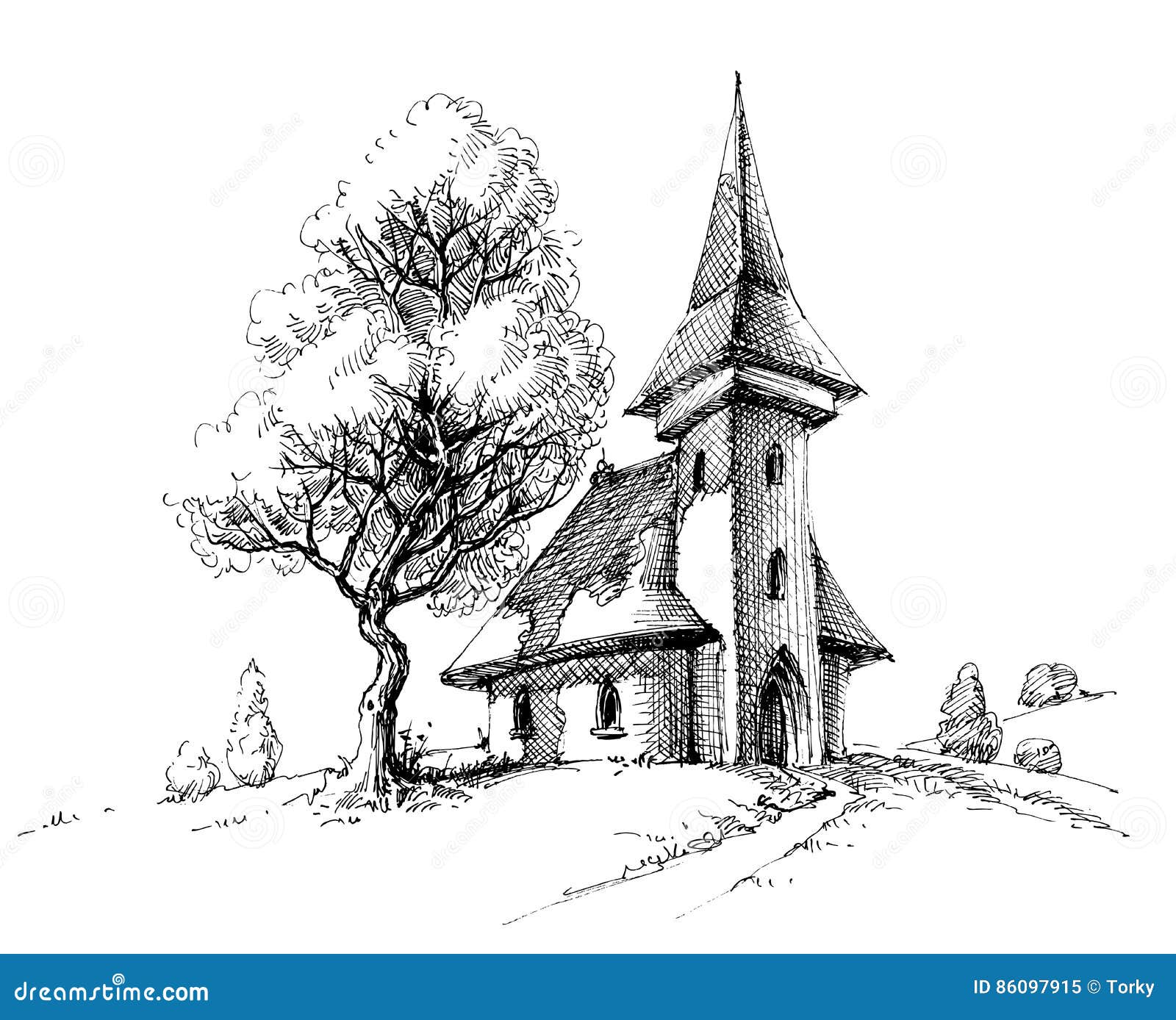 church-sketch-on-white-background-line-drawing-silhouette-vector