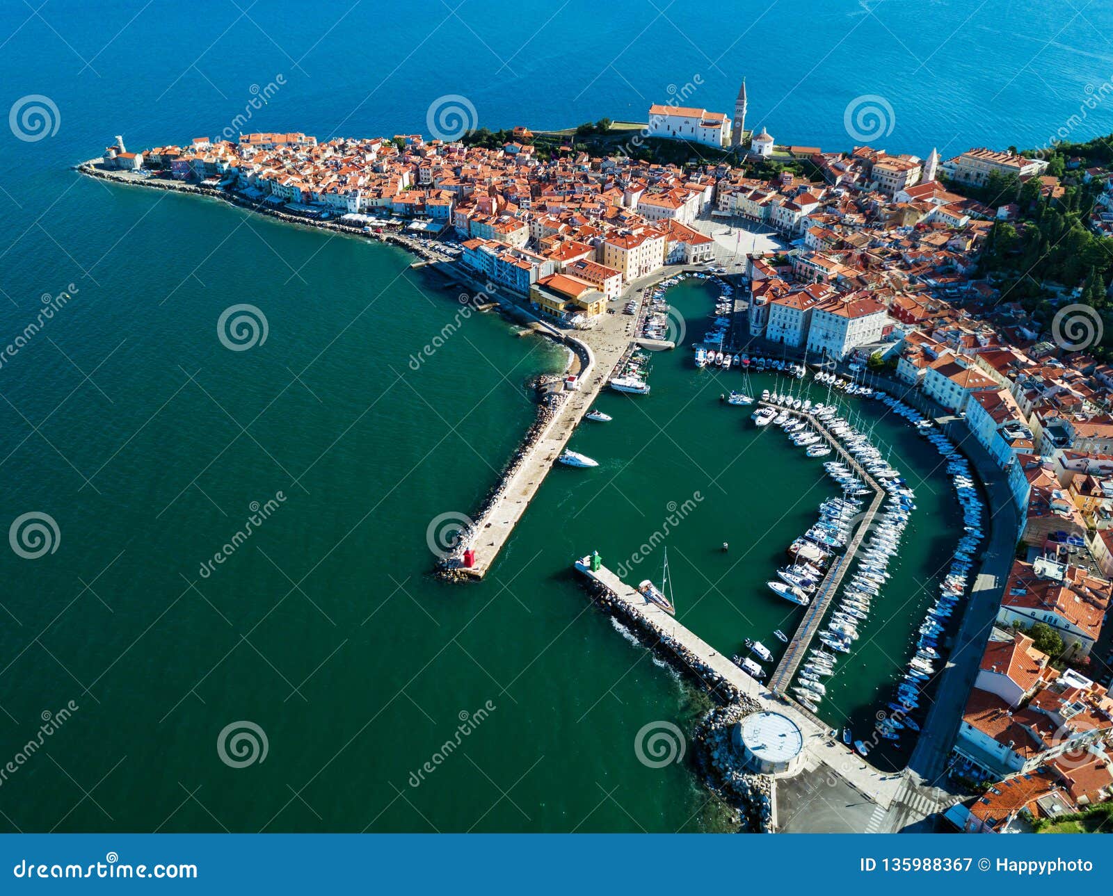 old city piran in slovenia, aerial morning view.
