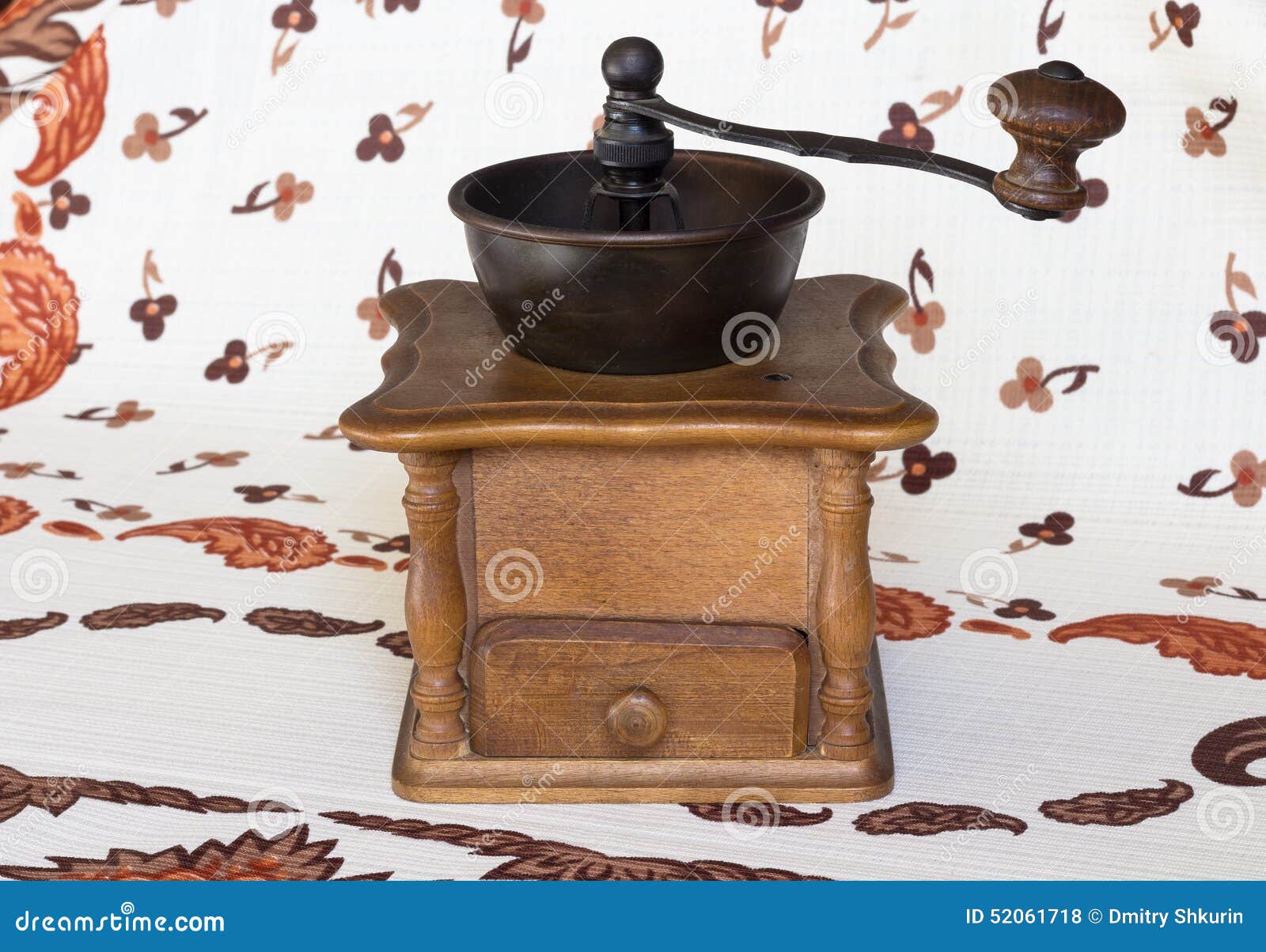 Old Coffee Grinder (coffee Mill) Brown in Color. on Tablecloth Stock