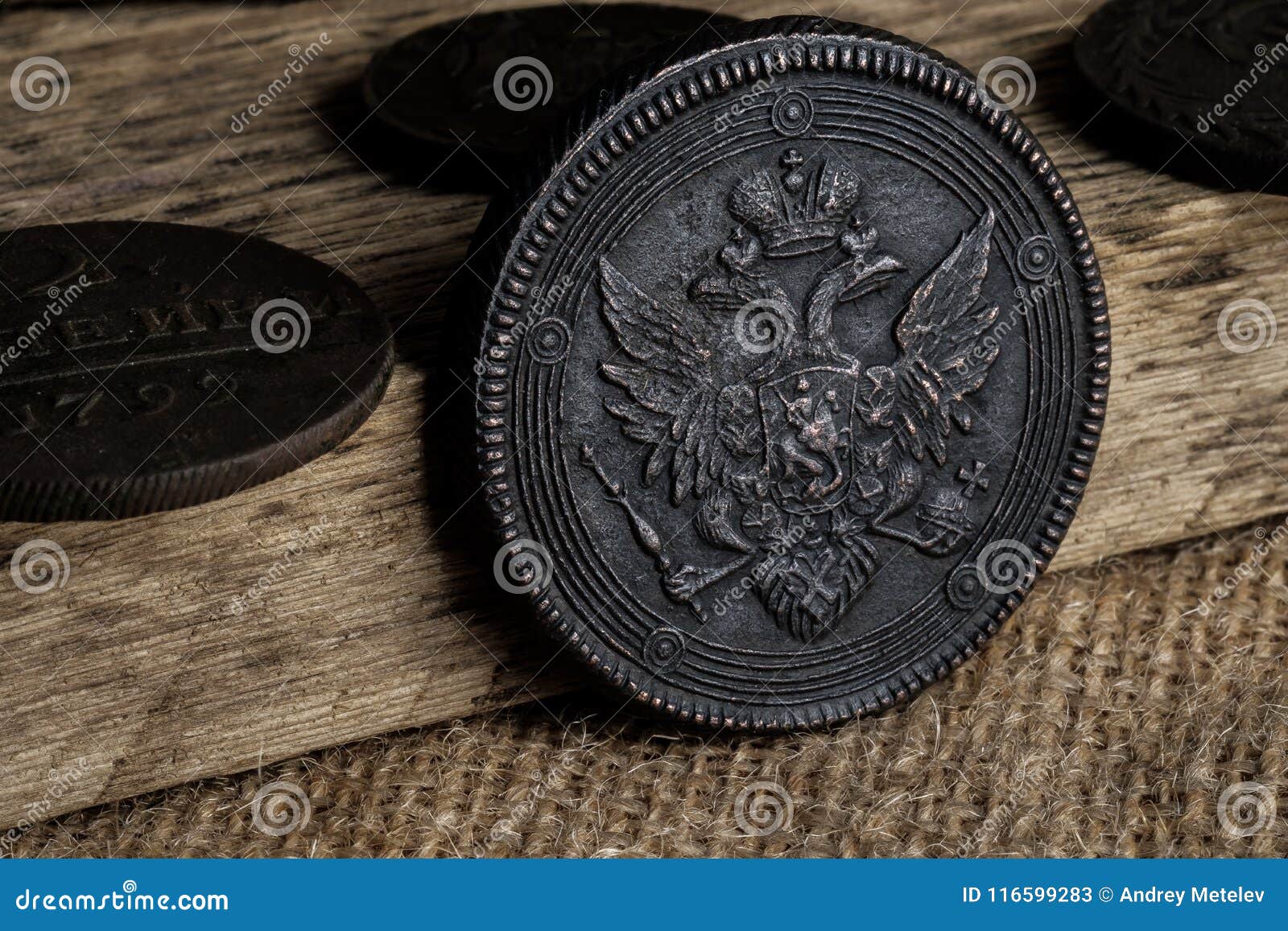 Old Coin with a Doubleheaded Eagle Copper Coin of Russia of the 17th