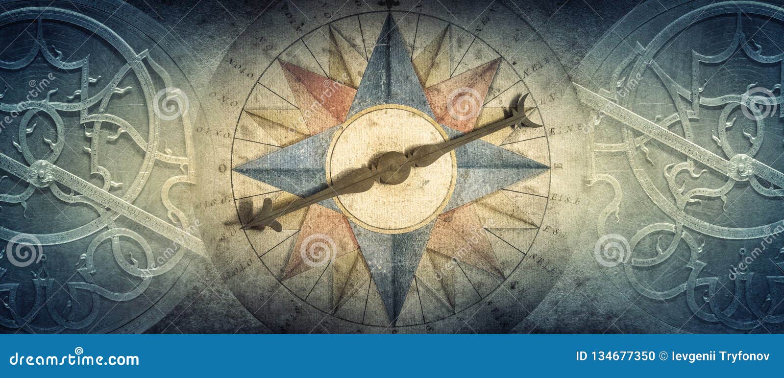 old compass and astrolabe - ancient astronomical device on vintage background. abstract old conceptual background on history,