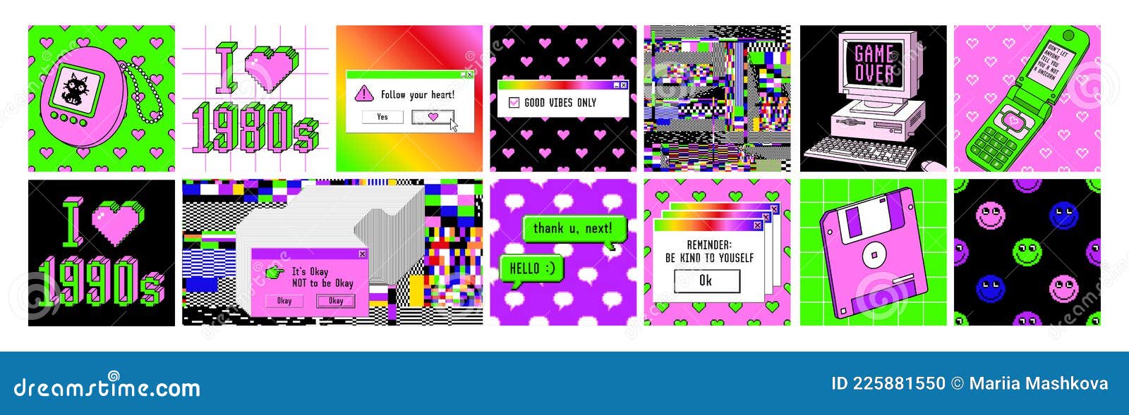 old computer aesthetic 1980s -1990s. square posters. sticker pack with retro pc s. pixel art.