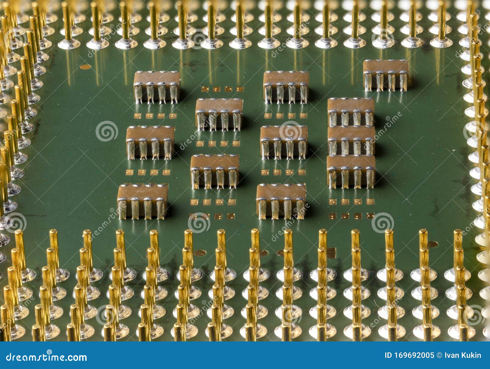 Old Computer Processor with Goldplated Legs, Microcircuits on it Stock