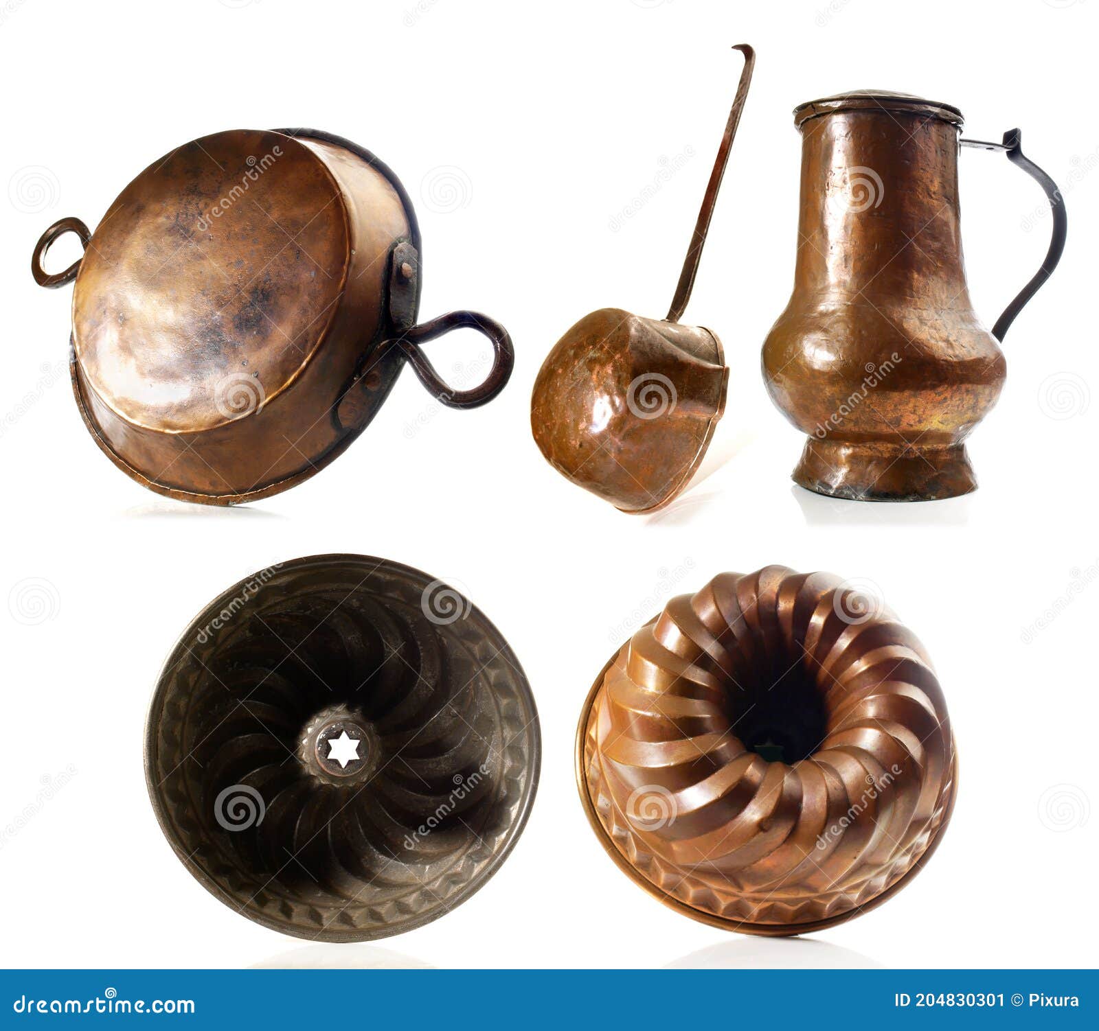 Vintage Copper Kitchenware and Cake Tin Isolated on White Background