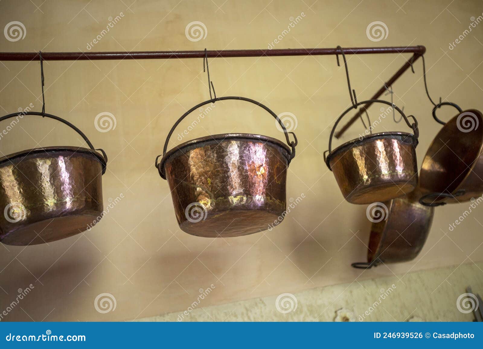 Old Copper Pots Hanging in the Kitchen Stock Photo Image of bazaar