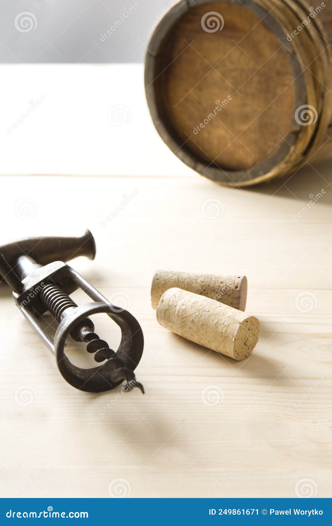 Old corkscrew and barrel stock image. Image of wine 249861671