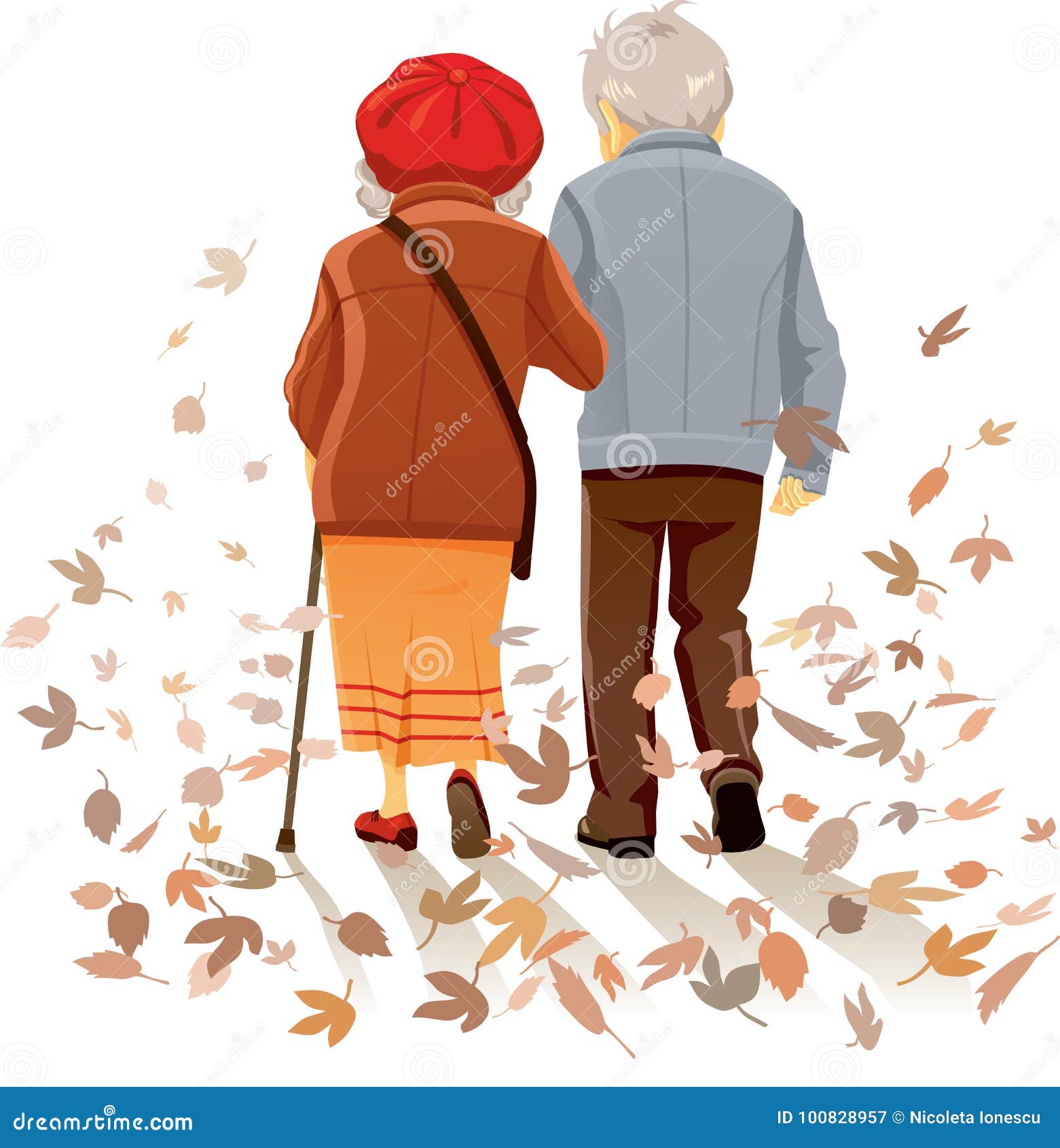 Old Couple In Love Walking In Autumn Decor Vector Stock