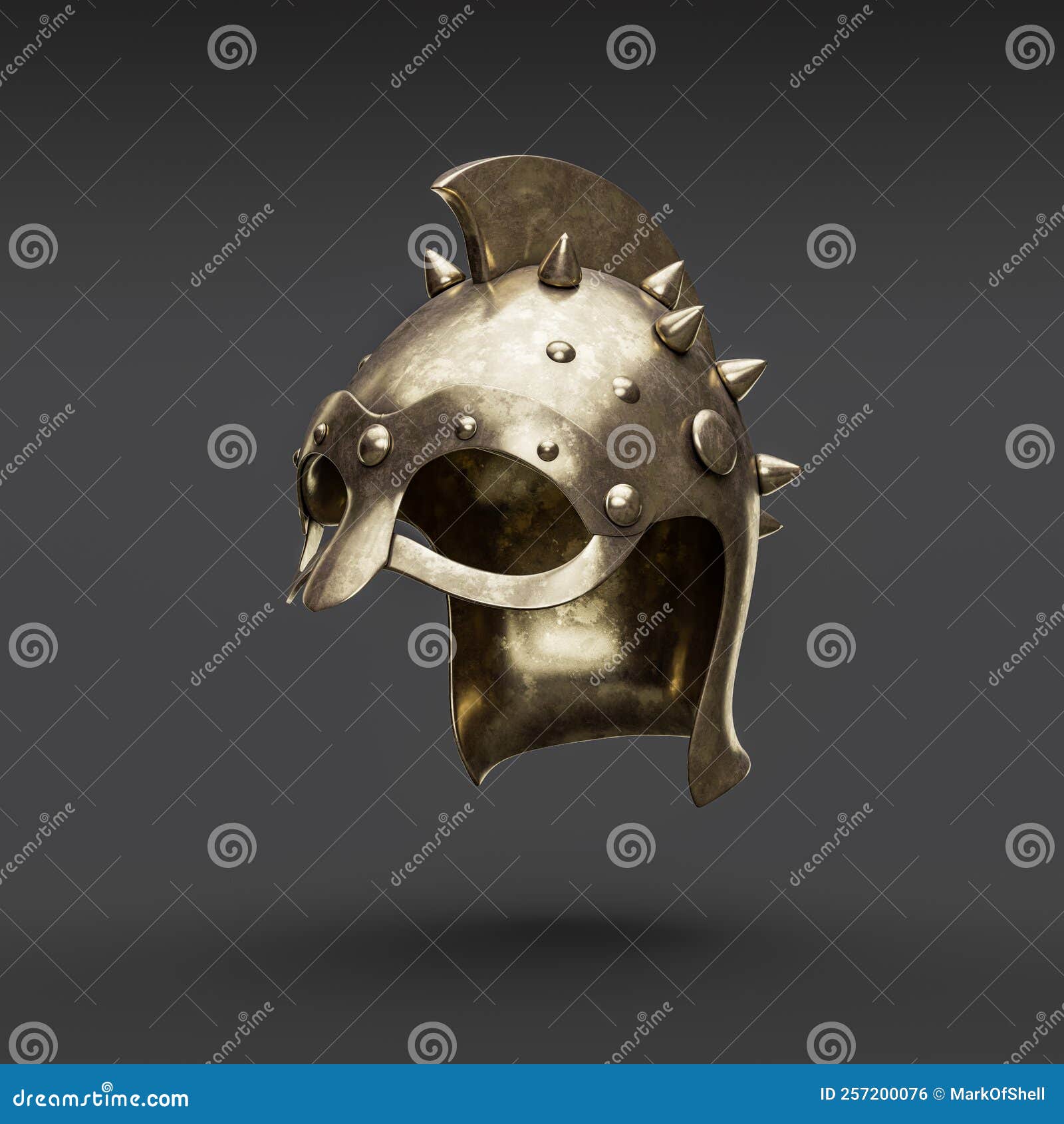 Old Damaged Brass Helmet. Metallic Warrior Helm. Ancient Metallic