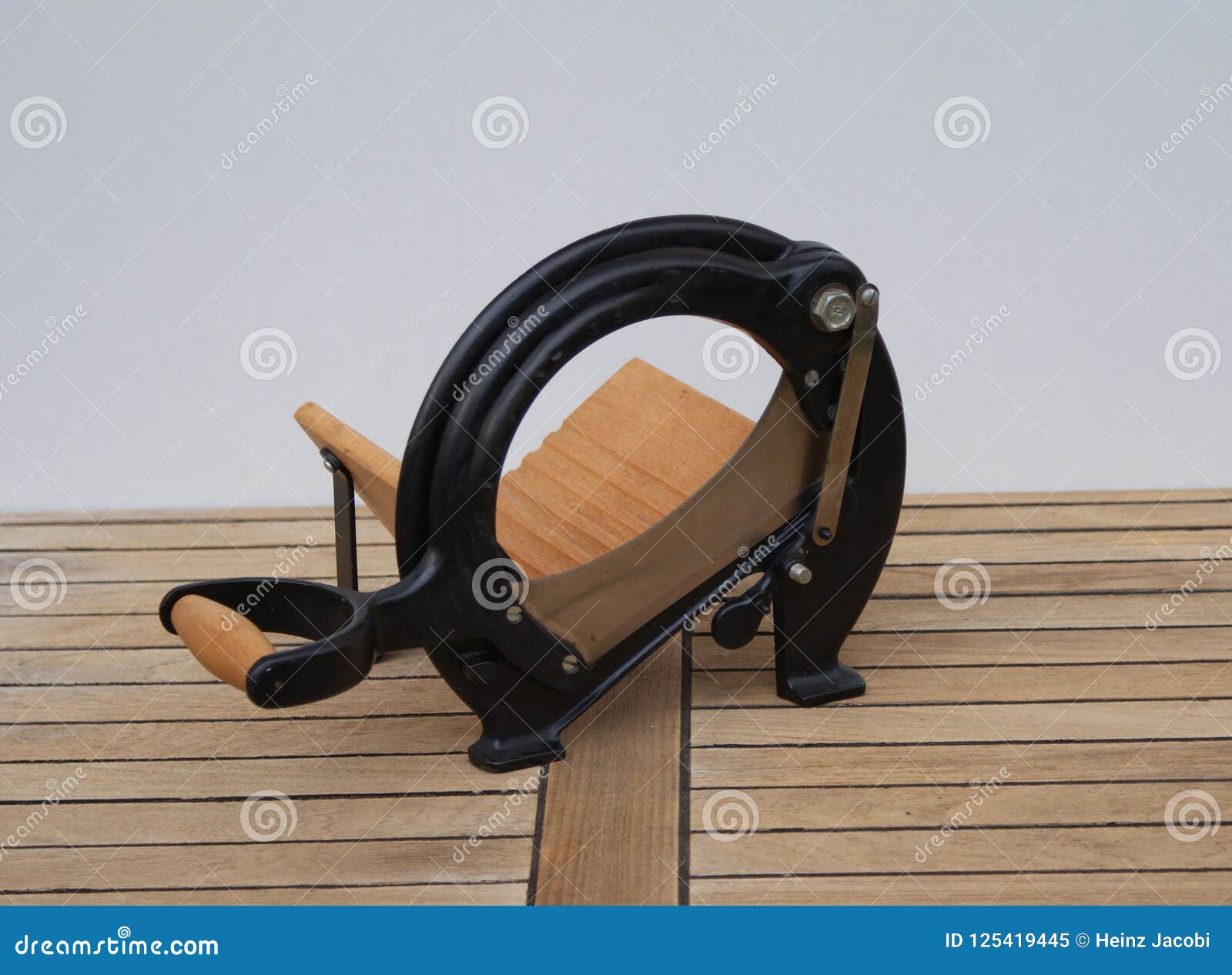Old Danish Wooden Hand Bread Slicer With Cutting Knife Stock Image