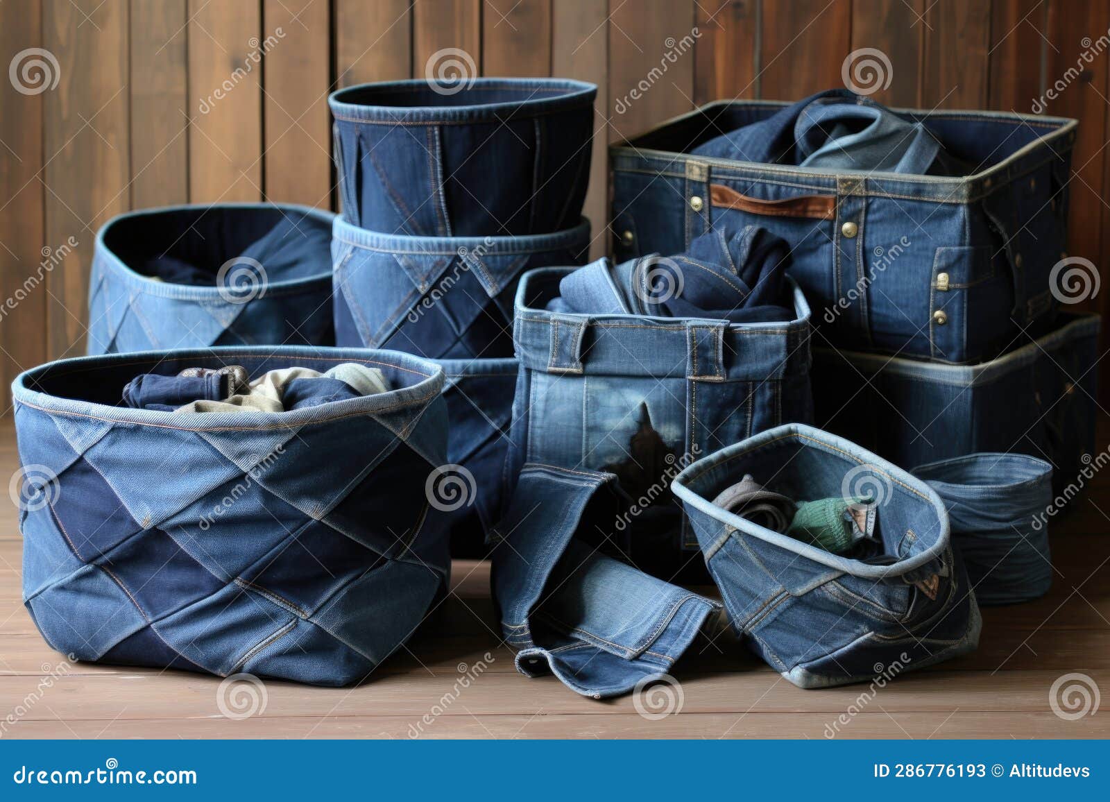 Old Denim Jeans Turned into Storage Baskets Stock Image Image of