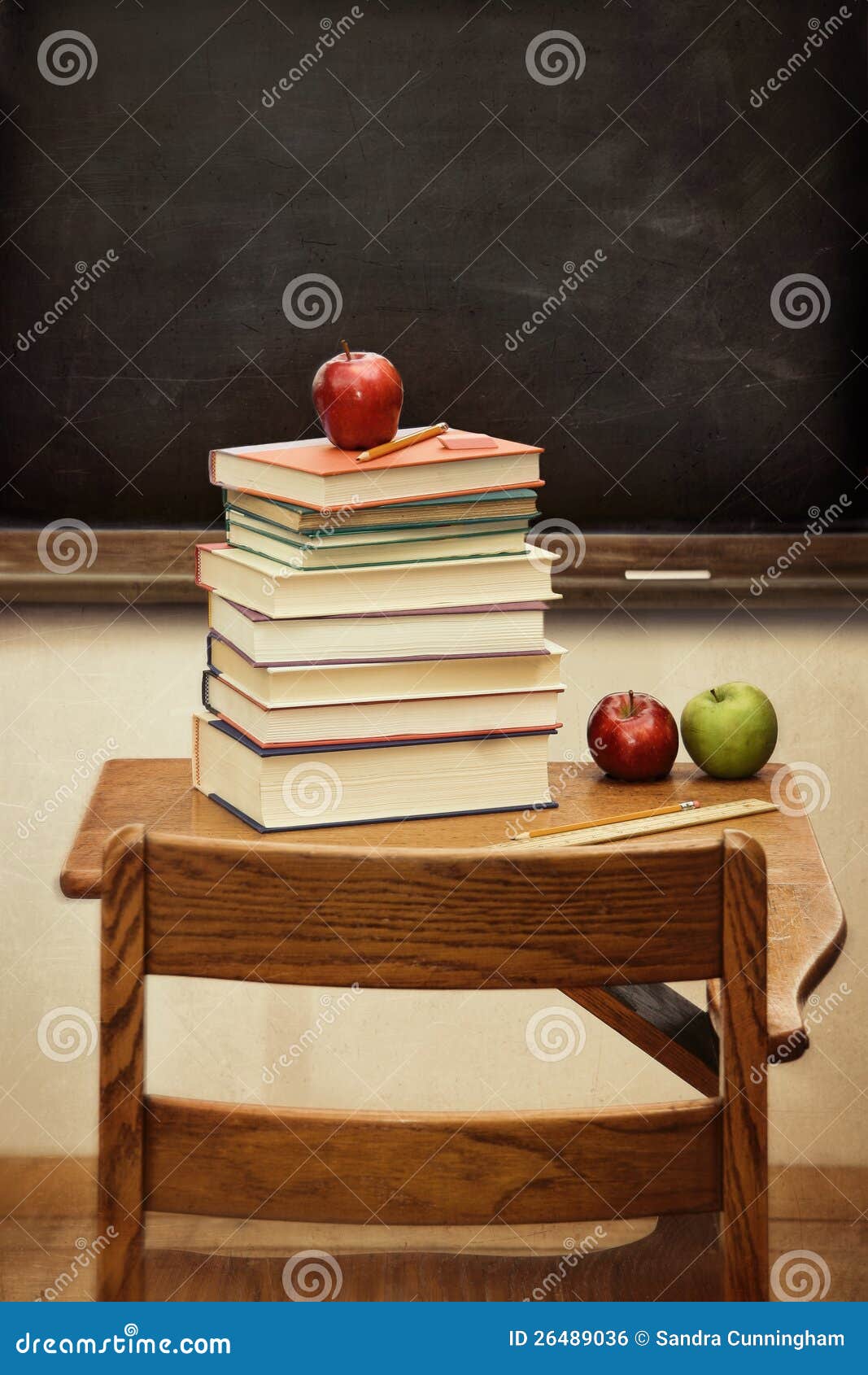 Old Desk With A Stack  Of Books  With Vintage Look Royalty 