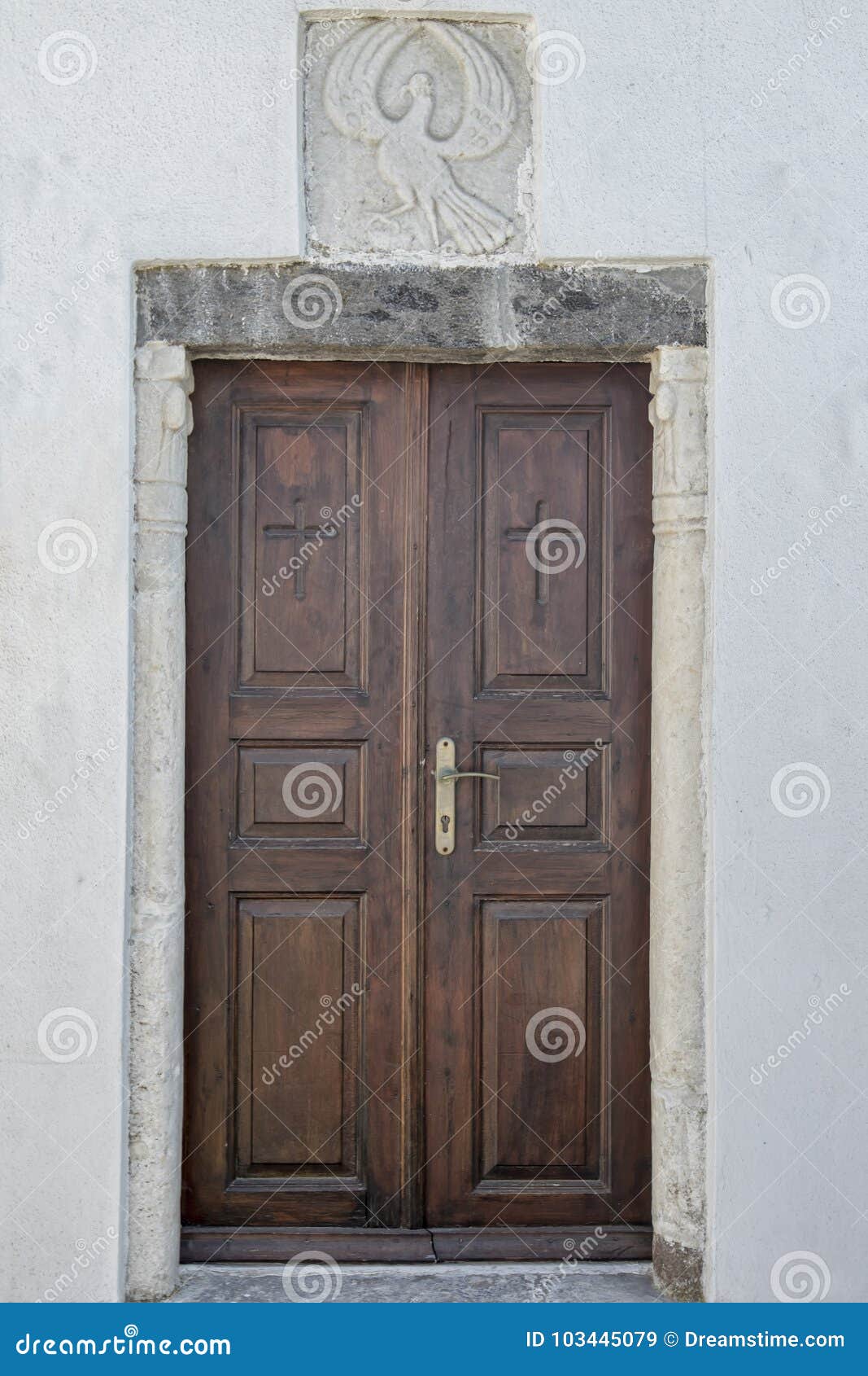 Wooden Cross Doors With White Building Stock Image - Image of brown ...