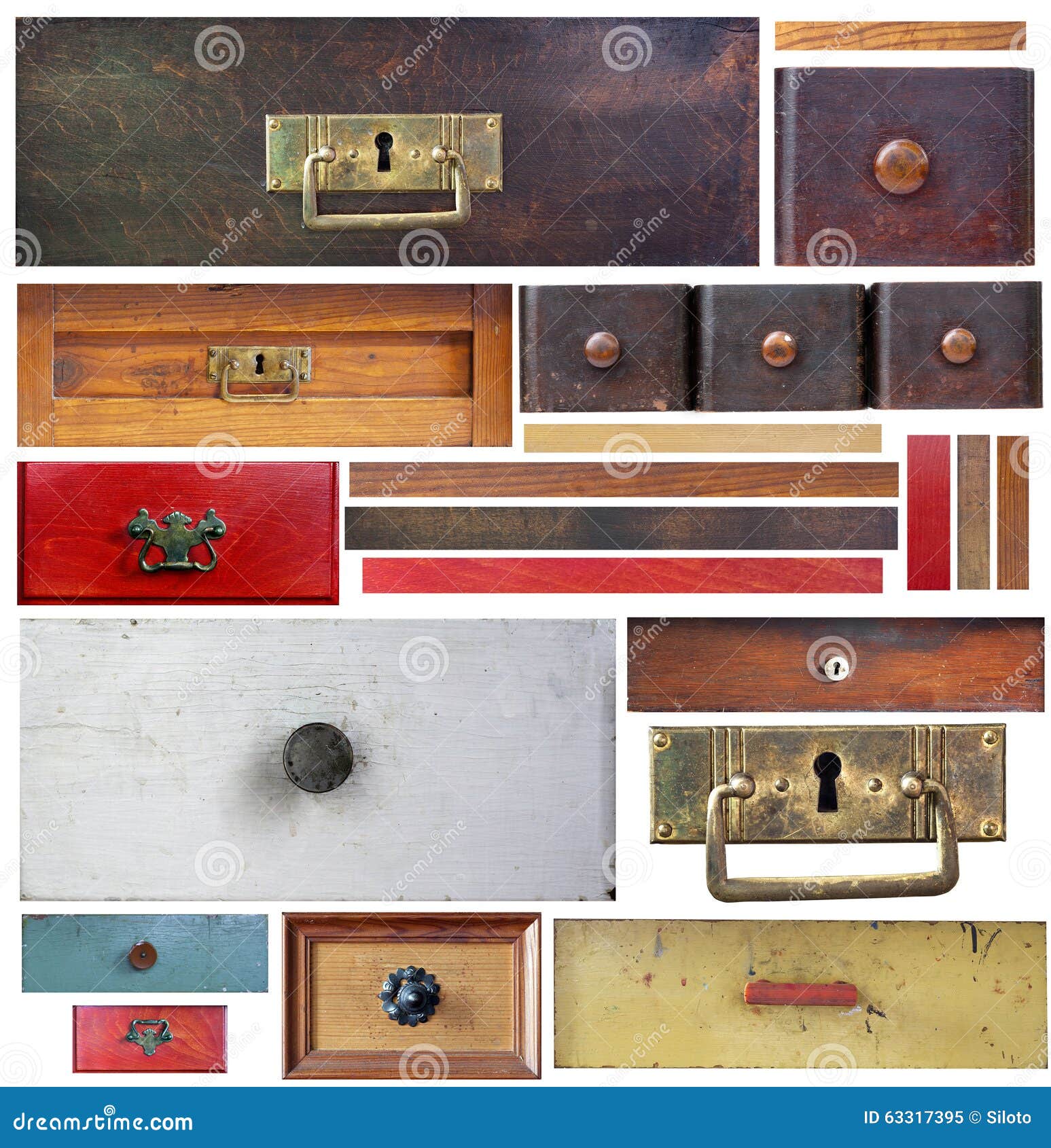 old drawers, wooden strips and escutcheons