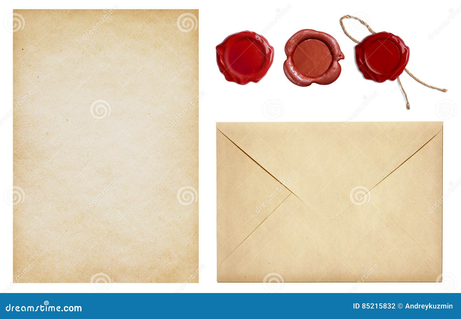 old envelope and letter paper with wax seal stamps set 