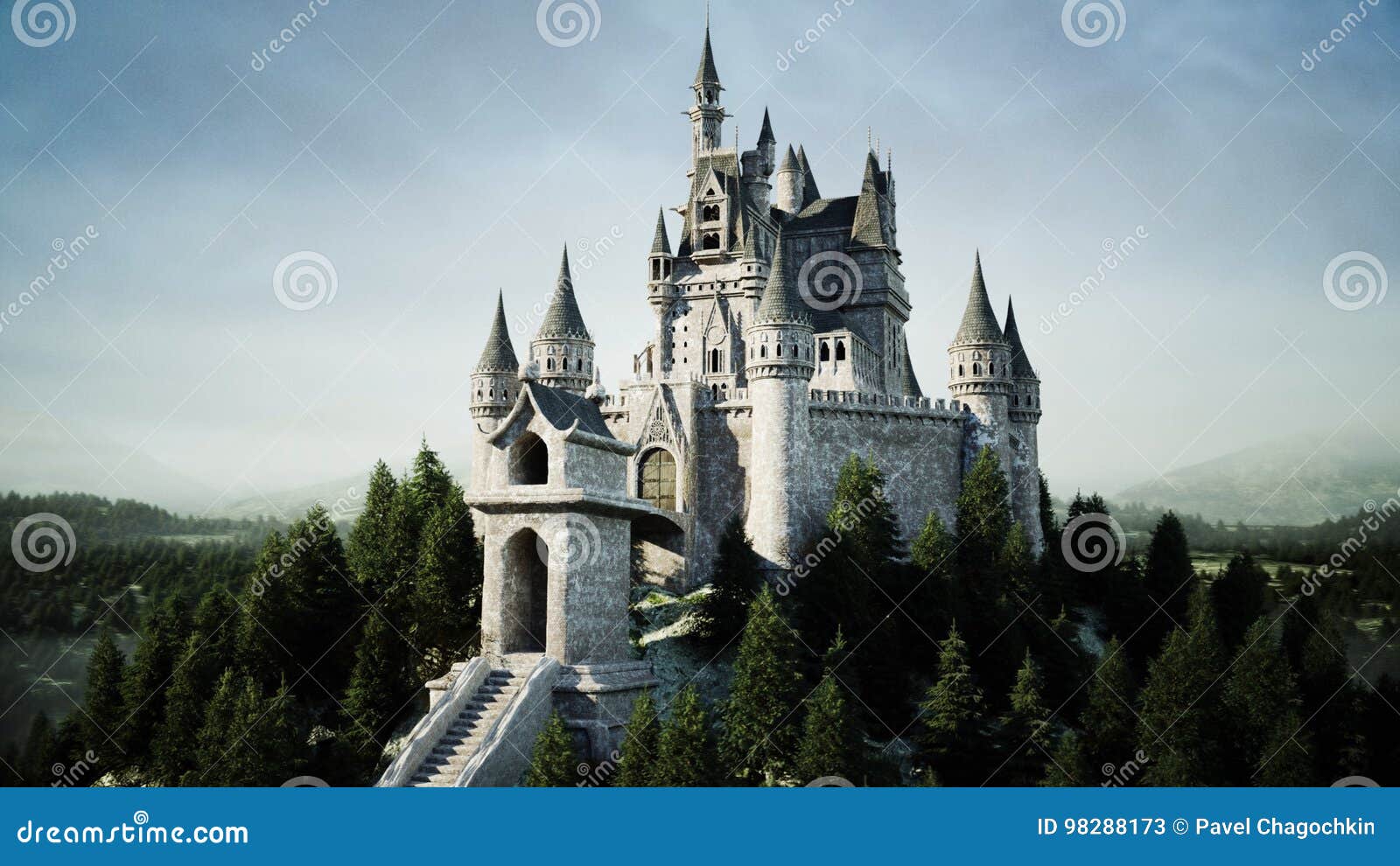 old fairytale castle on the hill. aerial view. 3d rendering.