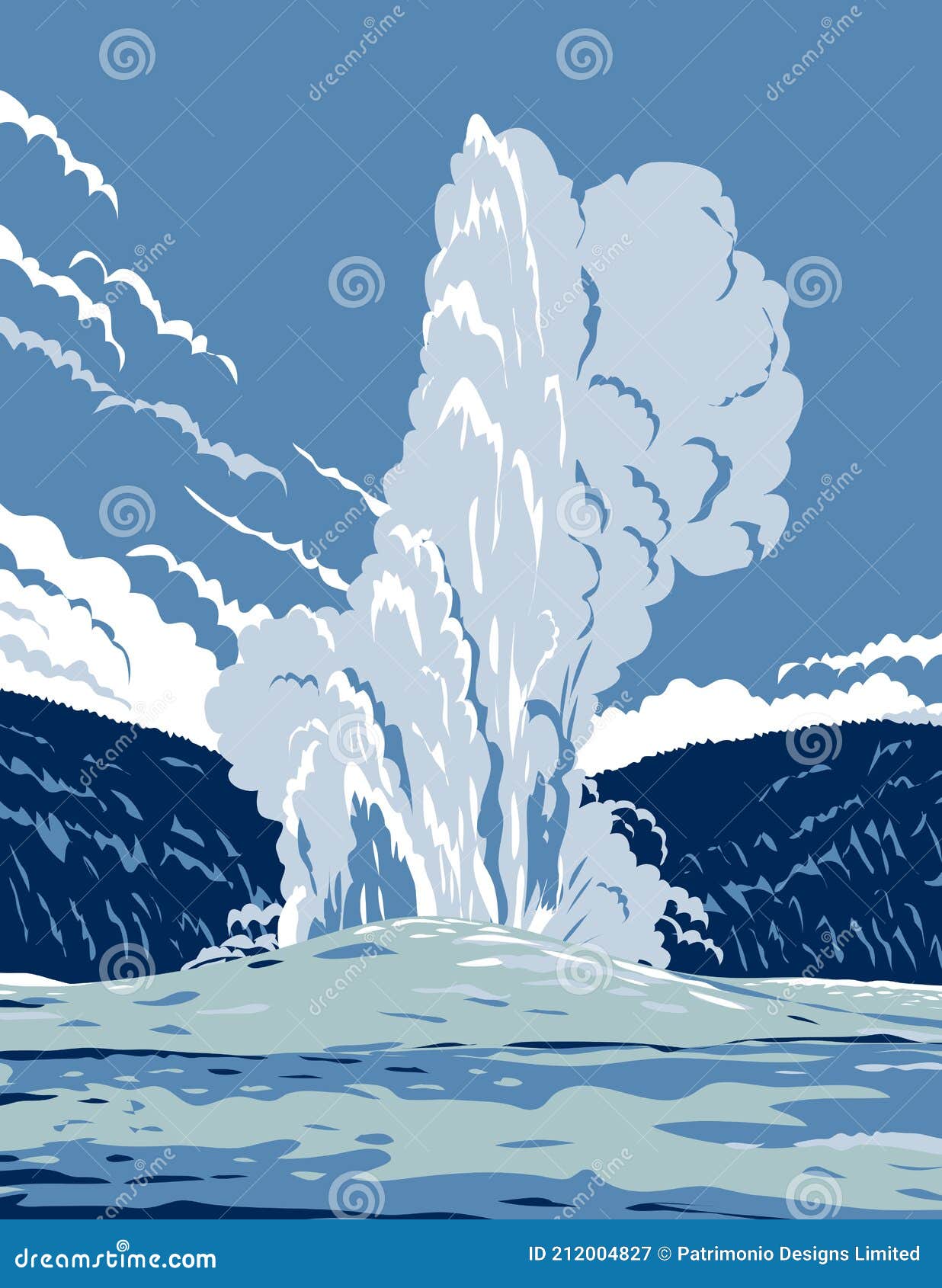 the old faithful cone geyser in yellowstone national park in wyoming united states of america wpa poster art