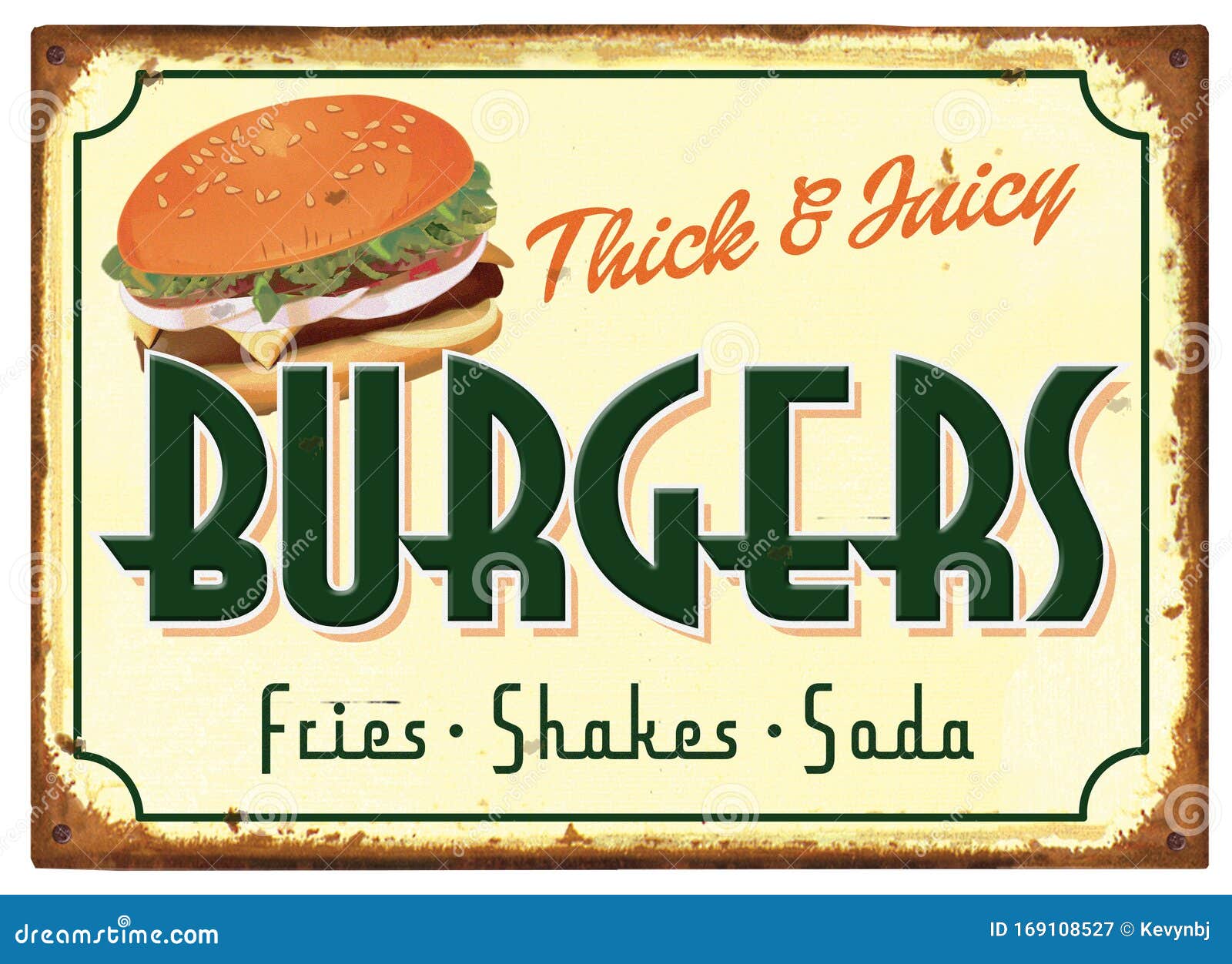 old fashioned burgers and fries sign tin retro
