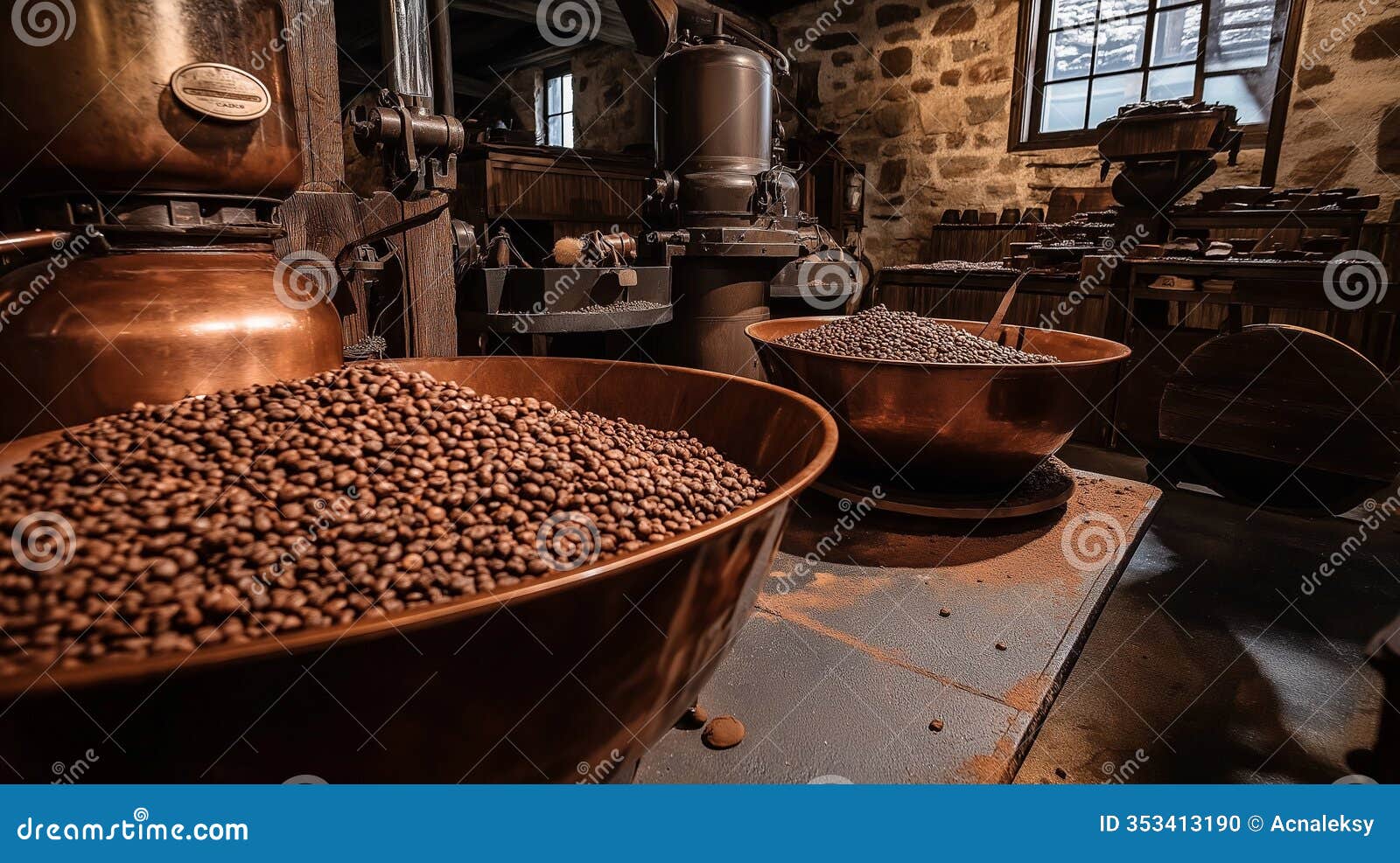 old-fashioned chocolate factory, with large copper kettles stirring melted chocolate