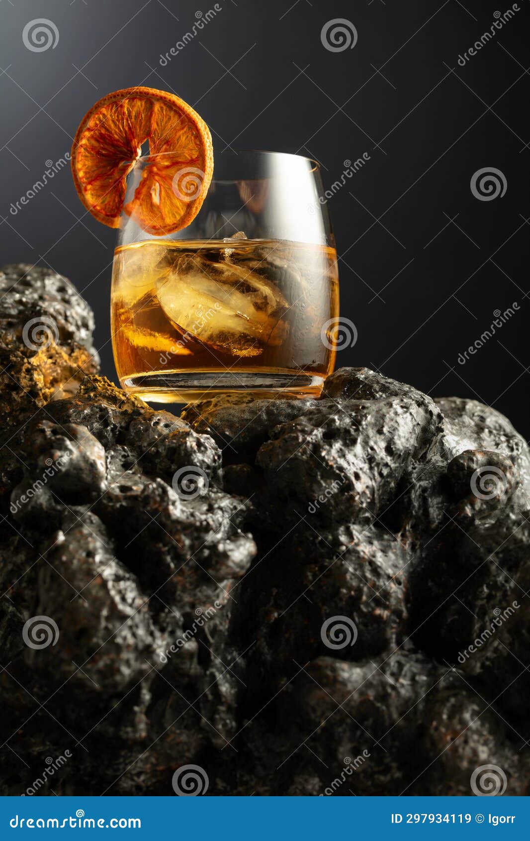 Old Fashioned Cocktail with Ice and Dried Orange Slice Stock Image