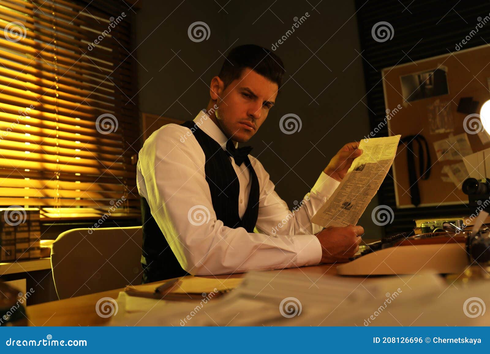 Old Fashioned Detective Reading Newspaper at Table in Office Stock