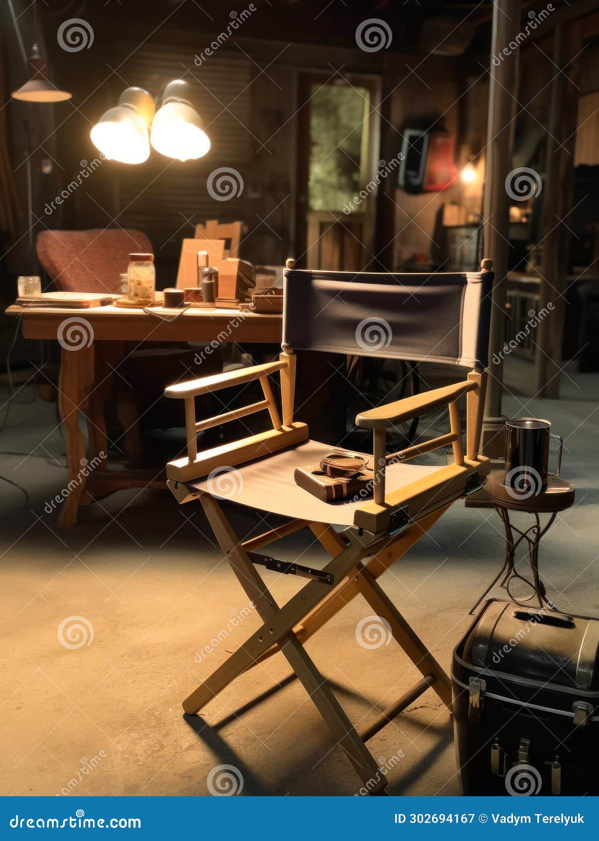 old-fashioned interior with directorÃ¢â¬â¢s chair in the middle. film making studio at backdrop. generative ai