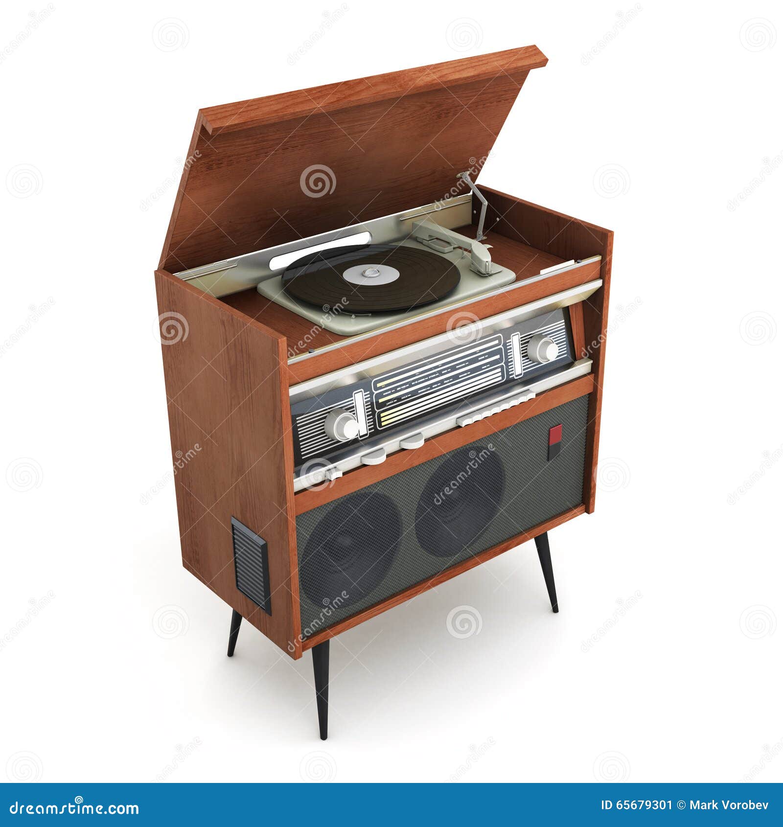 Oldfashioned Turntable on Legs with Open Lid. 3d Rendering Stock Image