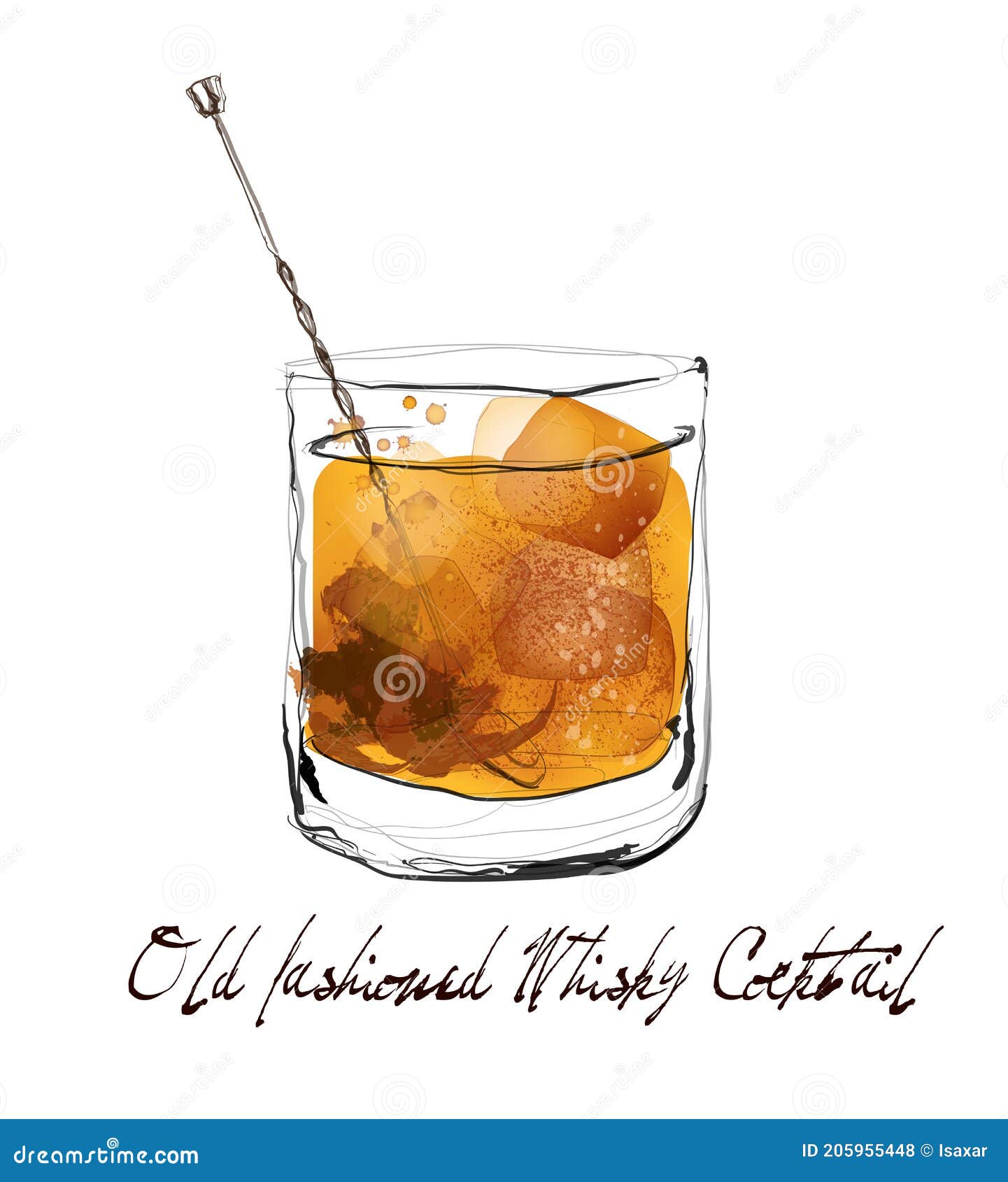 old fashioned whisky cocktail in watercolor style