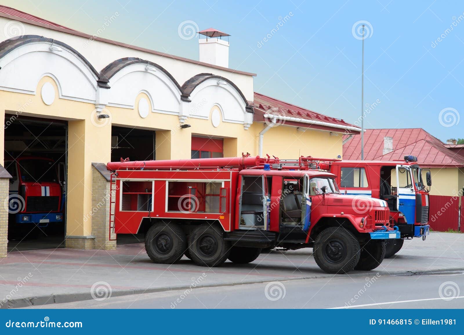 Old Fire Engine Near Fire Station Stock Image Image of building