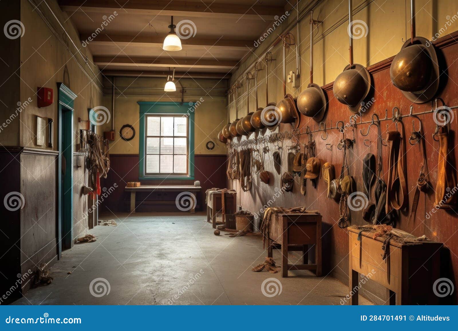 Old Fire Station Interior with Vintage Helmets on Hooks Stock Image