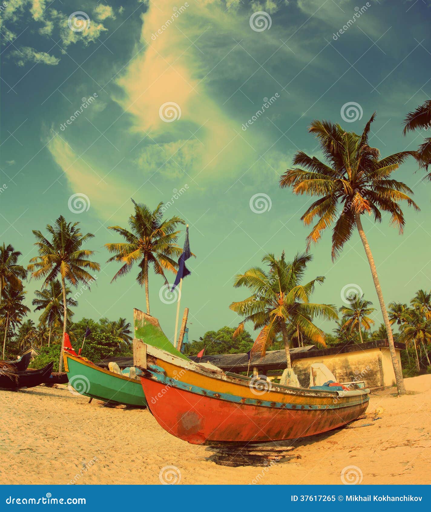 Old Fishing Boats on Beach - Vintage Retro Style Stock Image