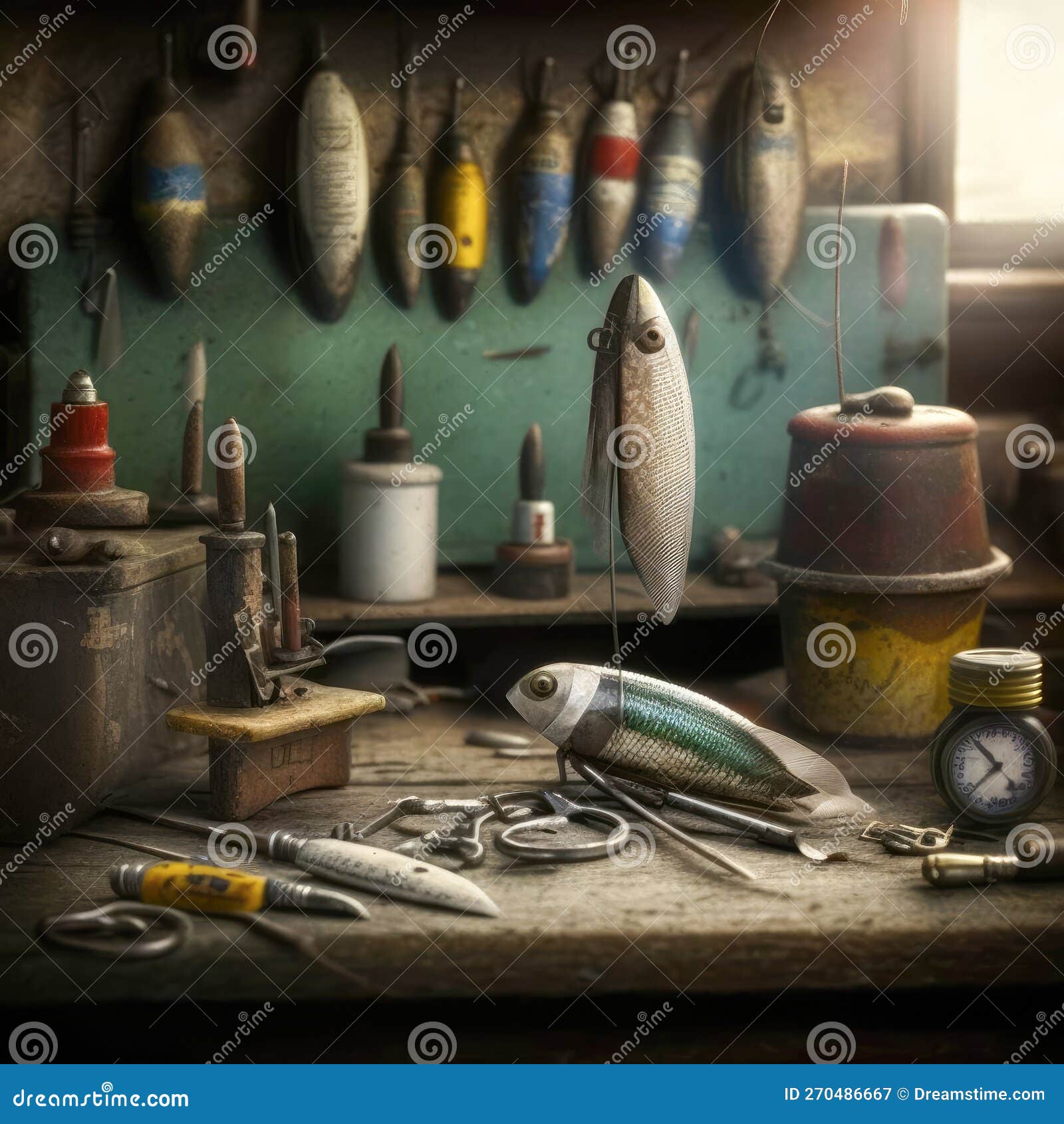 Vintage Fishing Lures on Work Bench Stock Image - Image of creel, tool:  270486667