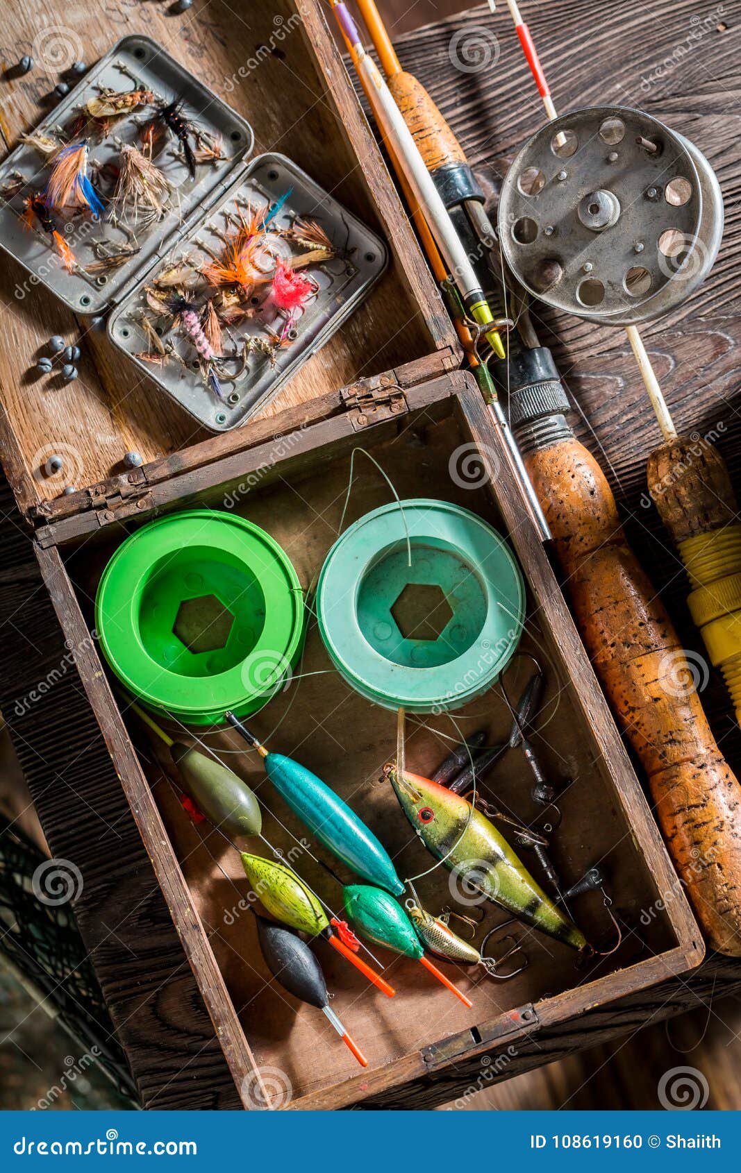Old Fishing Tackle with Floats, Hooks and Rods Stock Photo - Image of rods,  hook: 108619160