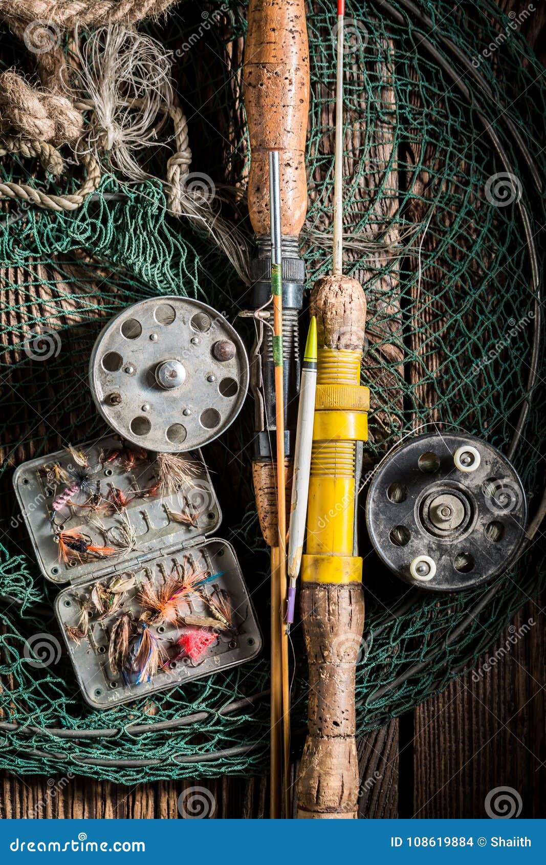 Old Fishing Tackle with Fishing Rod and Lures Stock Photo - Image