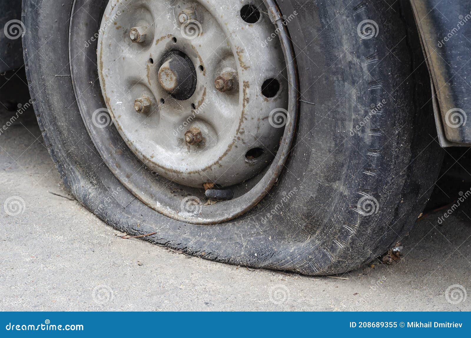 An Old Flat Tire Of An Old Rusty Car Stock Image Image Of Tire