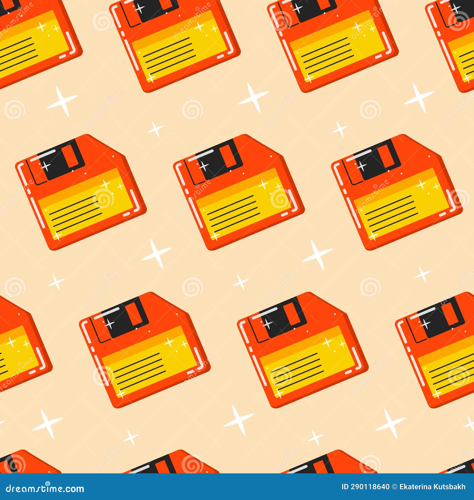 Old Floppy Disk, Information Diskette. Vector Seamless Cartoon Pattern