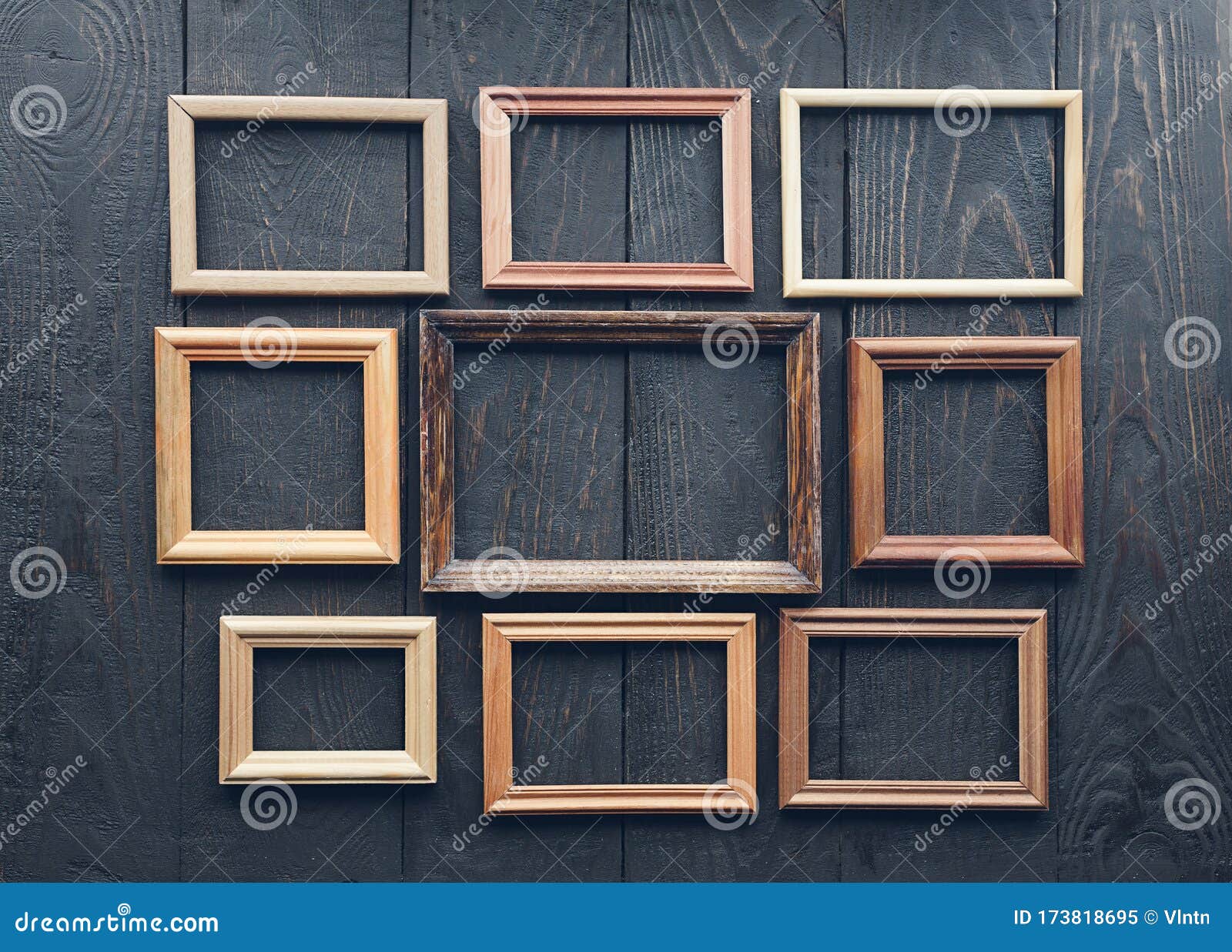 Old frames on wooden wall stock image. Image of empty 173818695