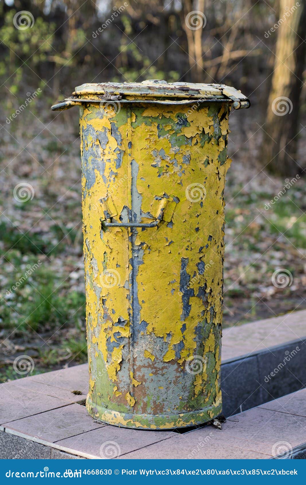 An Old Garbage Bin. Waste Trash Cans Set in a Park between Trees Stock