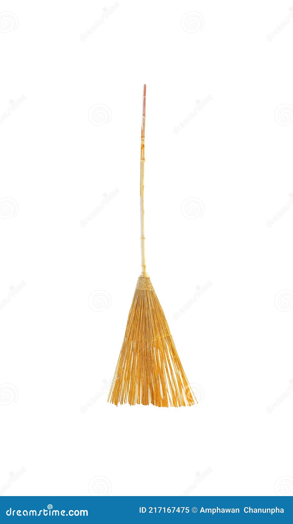 Old Gold Broom with Handle Isolated on White Background , Clipping Path
