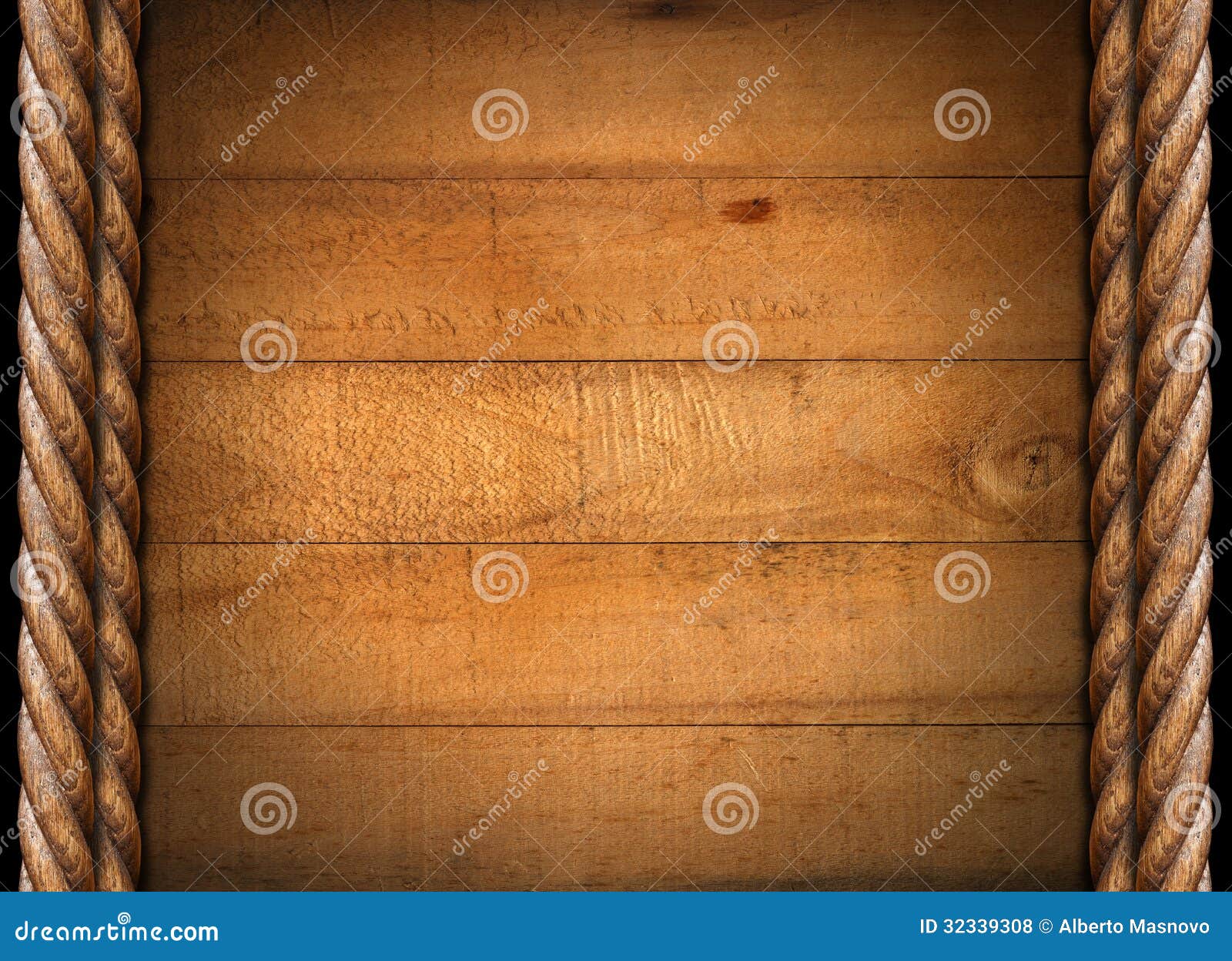 Old Grungy Wooden Boards and Ropes. Five wooden damaged boards with wooden ropes on a black background