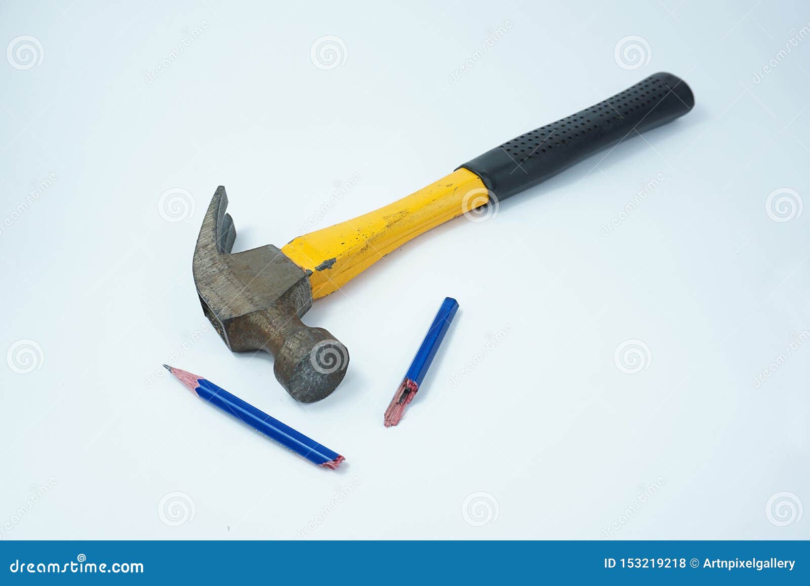 Old Hammer Broken Pencil Isolated on White Background Stock Photo