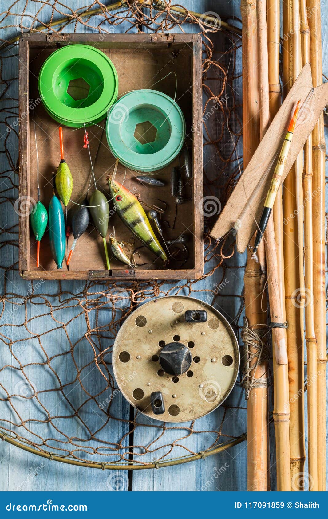 Old and Handmade Fishing for Equipment with Rods and Floats Stock