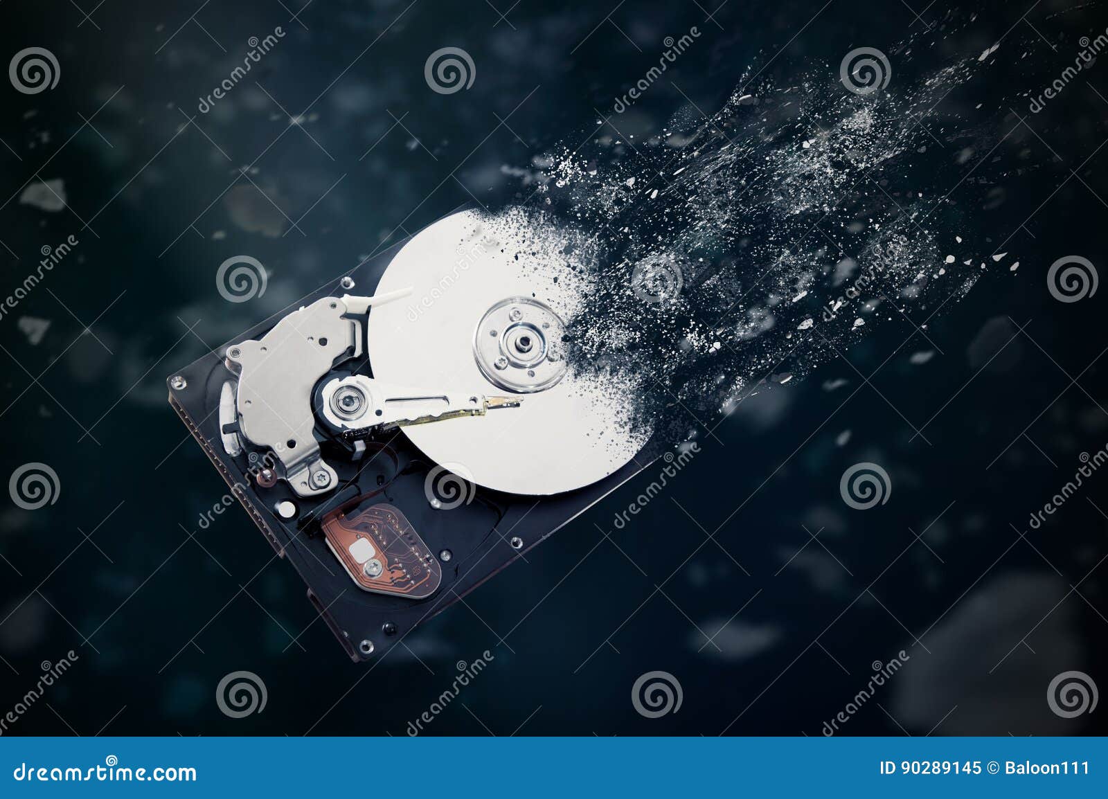 the old hard disk drive is disintegrating in space.
