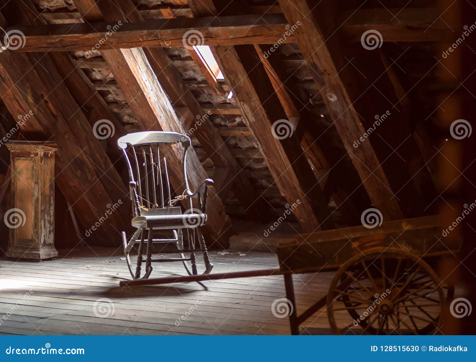 Old House Attic With Retro Furniture Wooden Rocking Chair