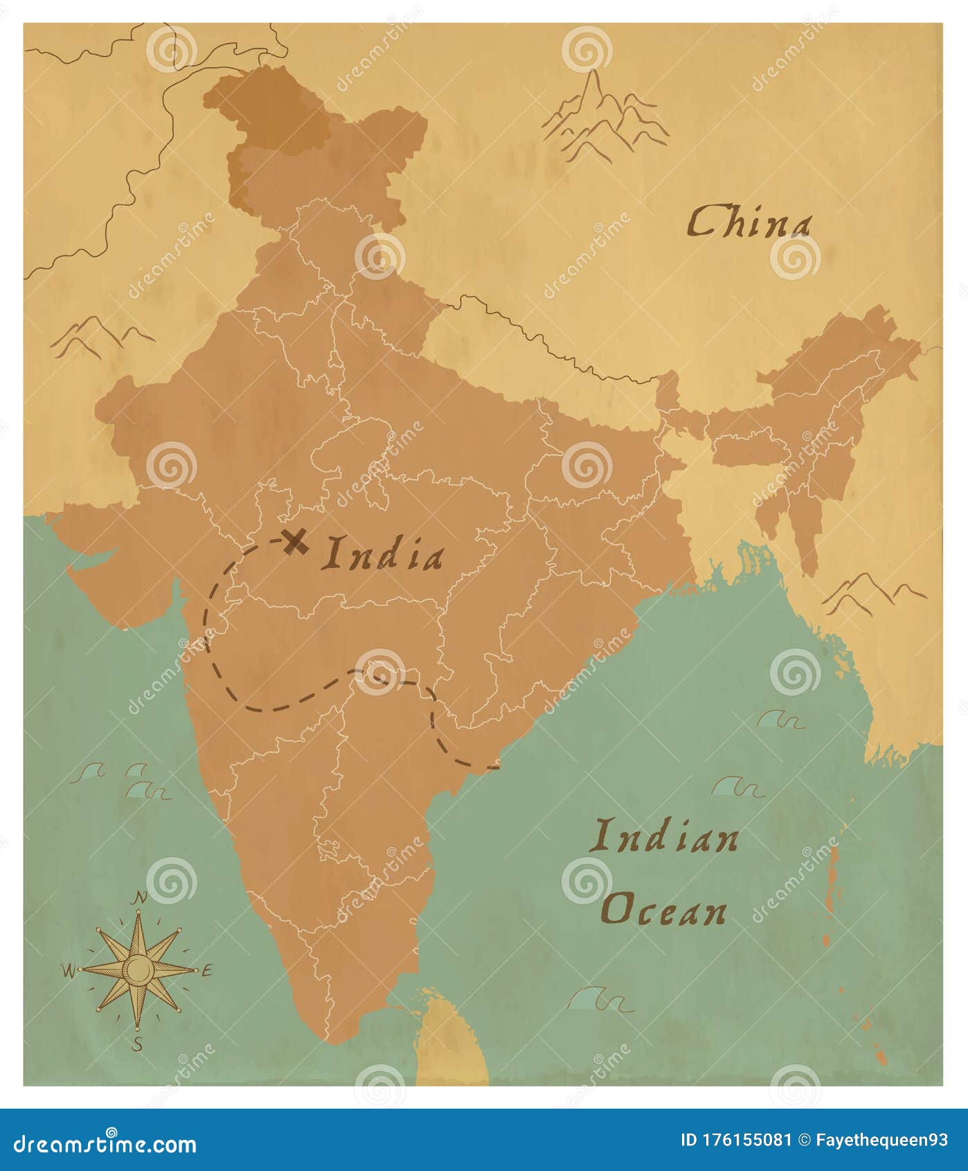 Old India Map in Vintage Style. Stock Vector - Illustration of hand