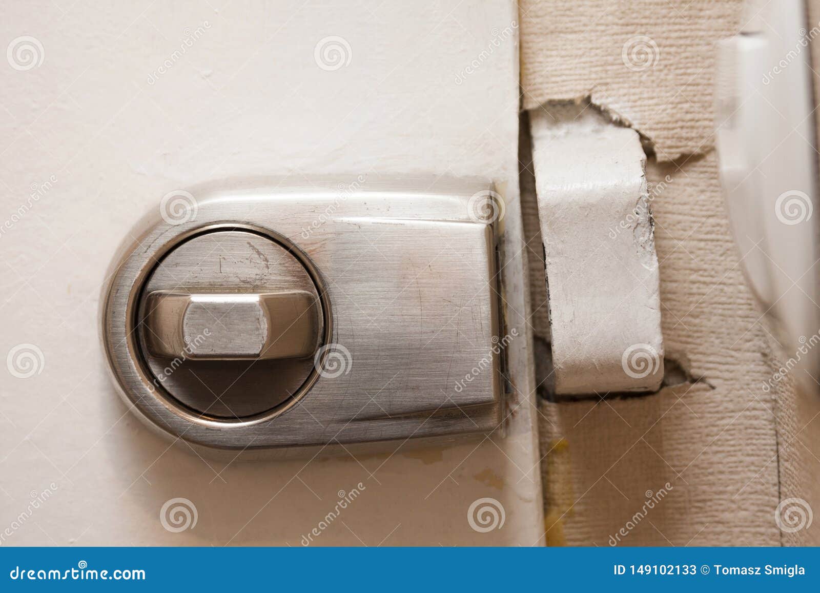 Old Insecure Open Metal Door Lock Closeup, Weak House Protection, Lack Of Safety Concept Stock
