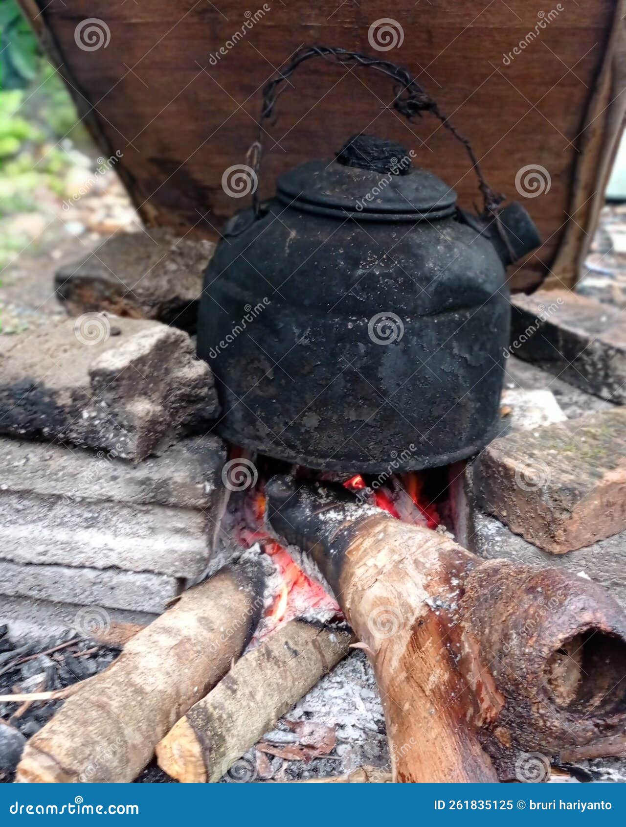 Old Kettle Stuff with Wood for Fire Stock Image Image of wood, stuff