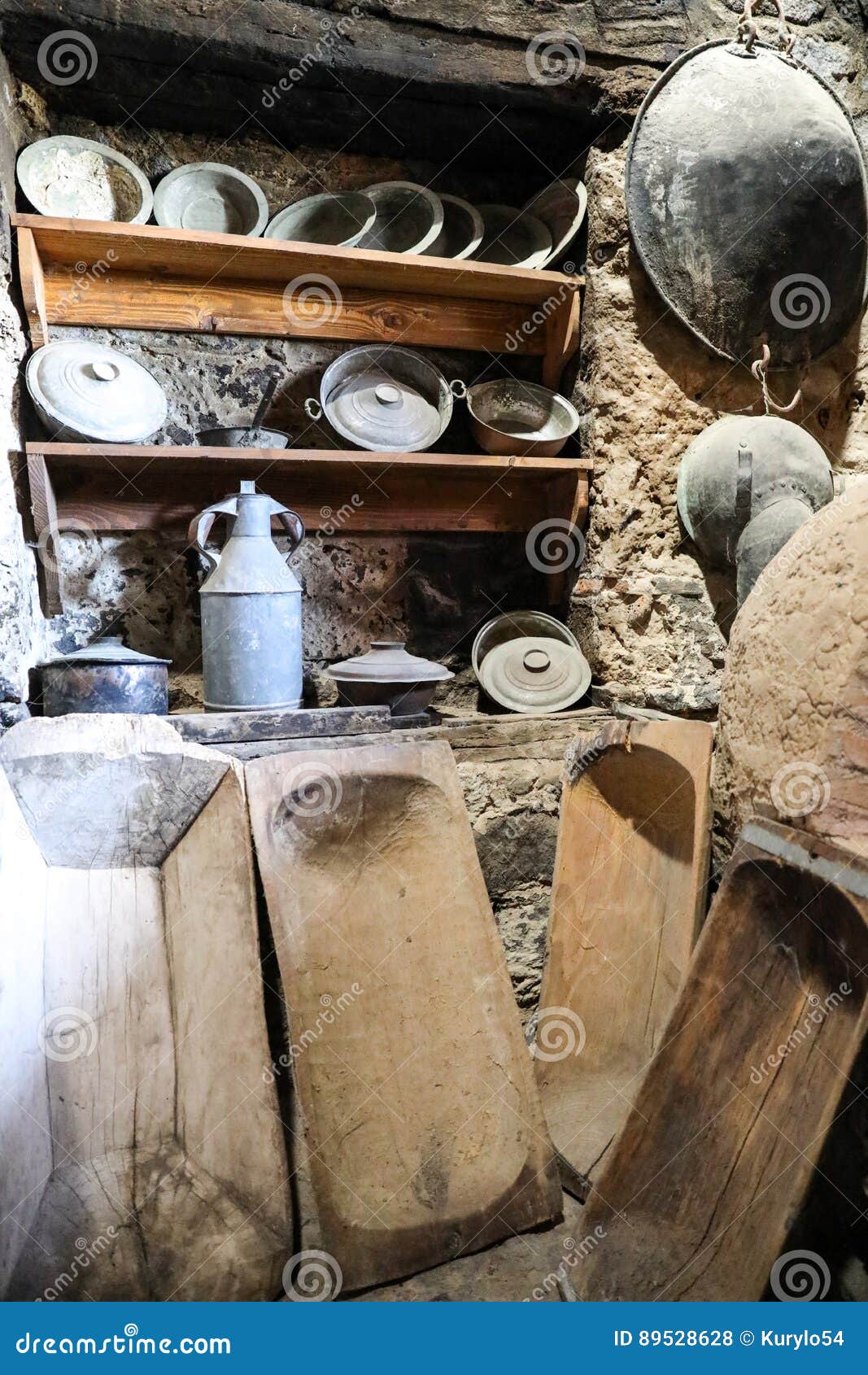 Old Kitchen Utensils of the Great Meteoron Monastery. Stock Photo