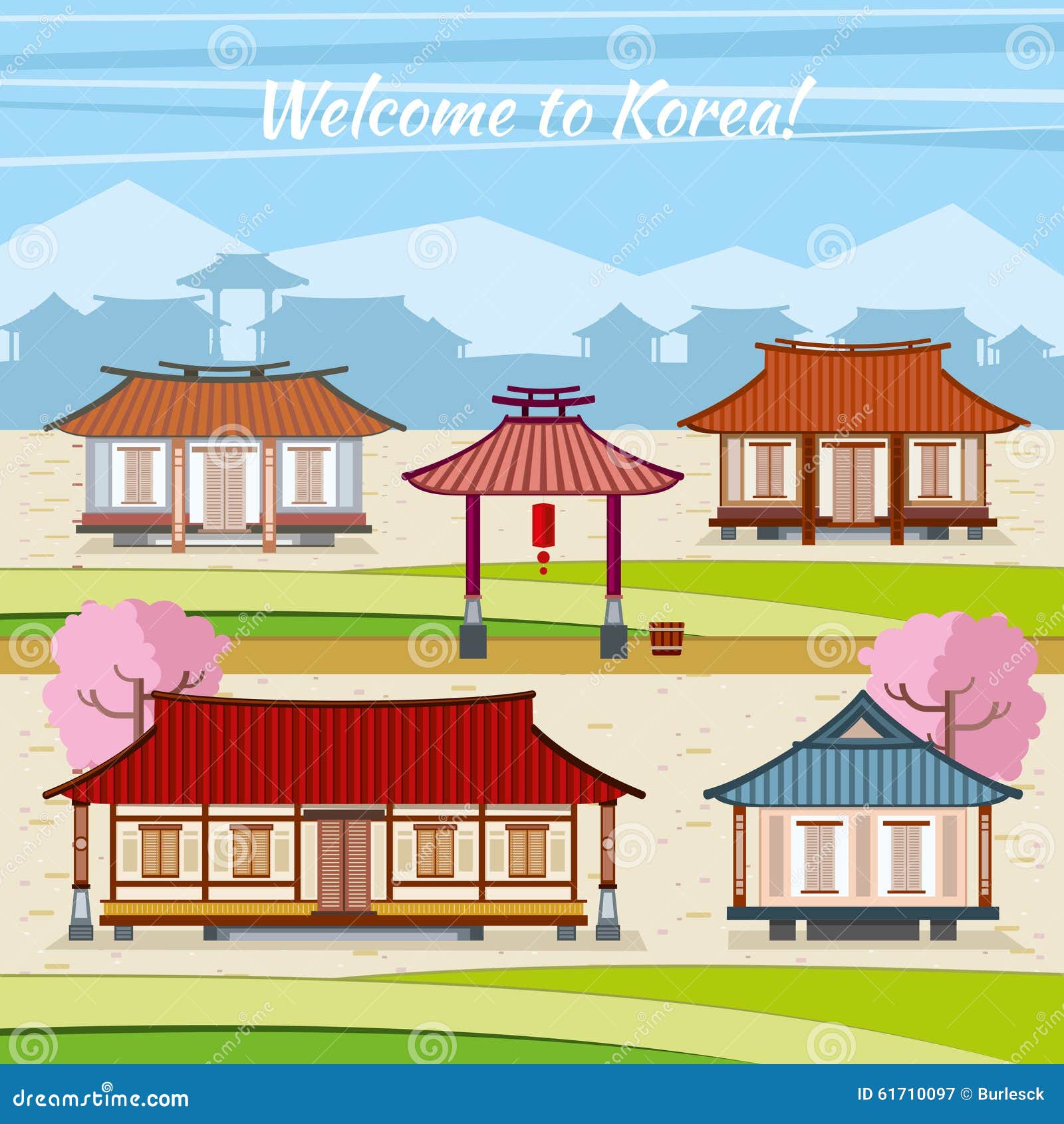 Old Korean Town With Traditional Houses Stock Vector 