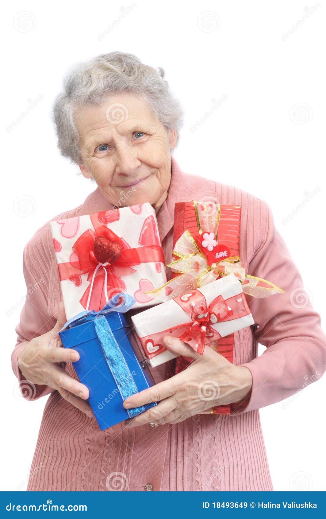 Old Lady And Boxes With Gifts Stock 